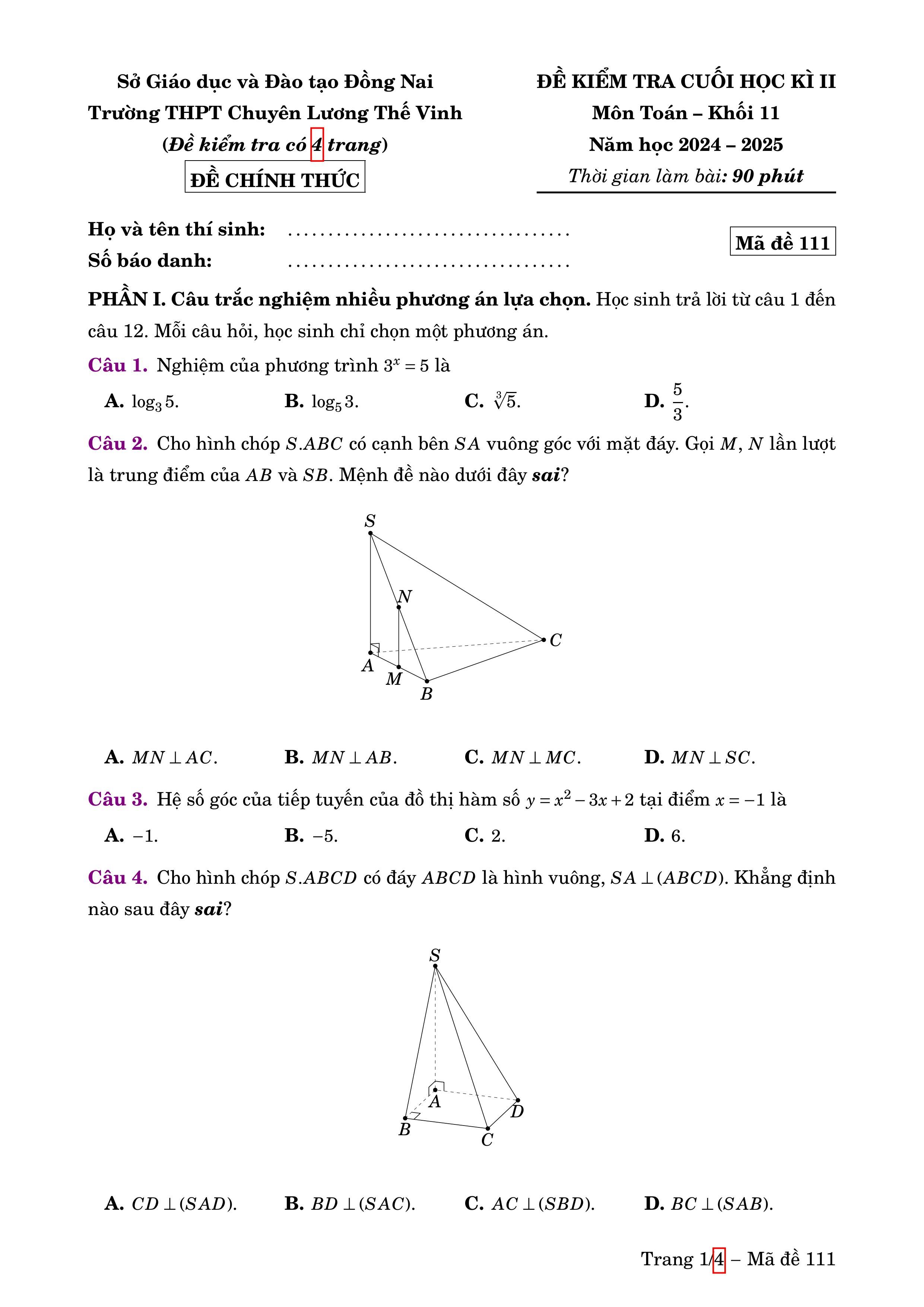 Đề thi Học kì 2 Toán 11 trường THPT chuyên Lương Thế Vinh (Đồng Nai) năm 2024–2025