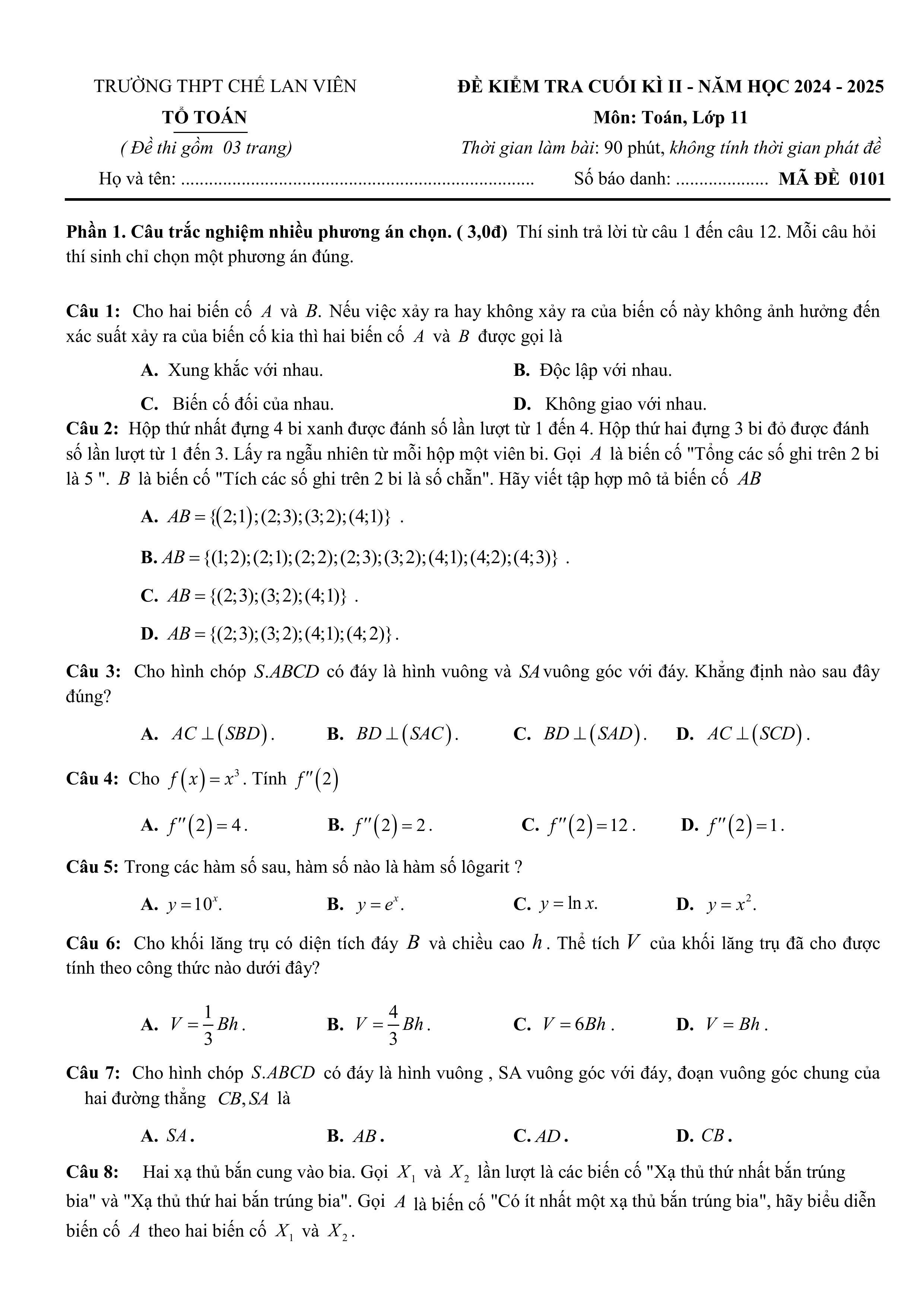 Đề thi Học kì 2 Toán 11 trường THPT Chế Lan Viên (Quảng Trị) năm 2024–2025