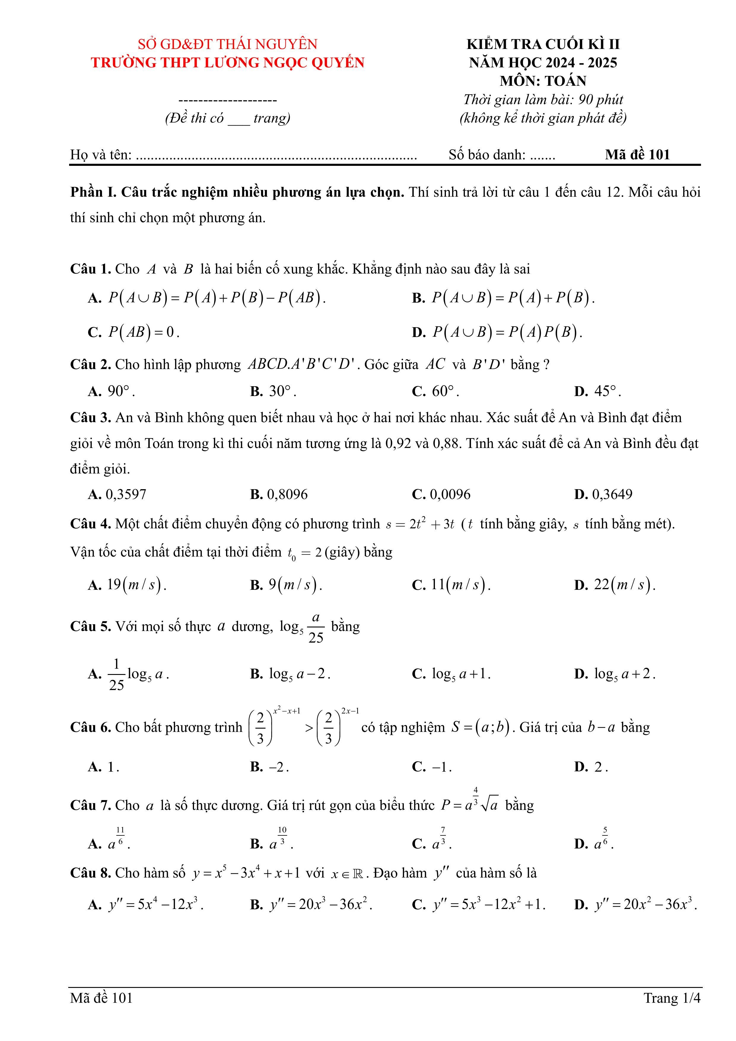 Đề thi Học kì 2 Toán 11 trường THPT Lương Ngọc Quyến (Thái Nguyên) năm 2024–2025