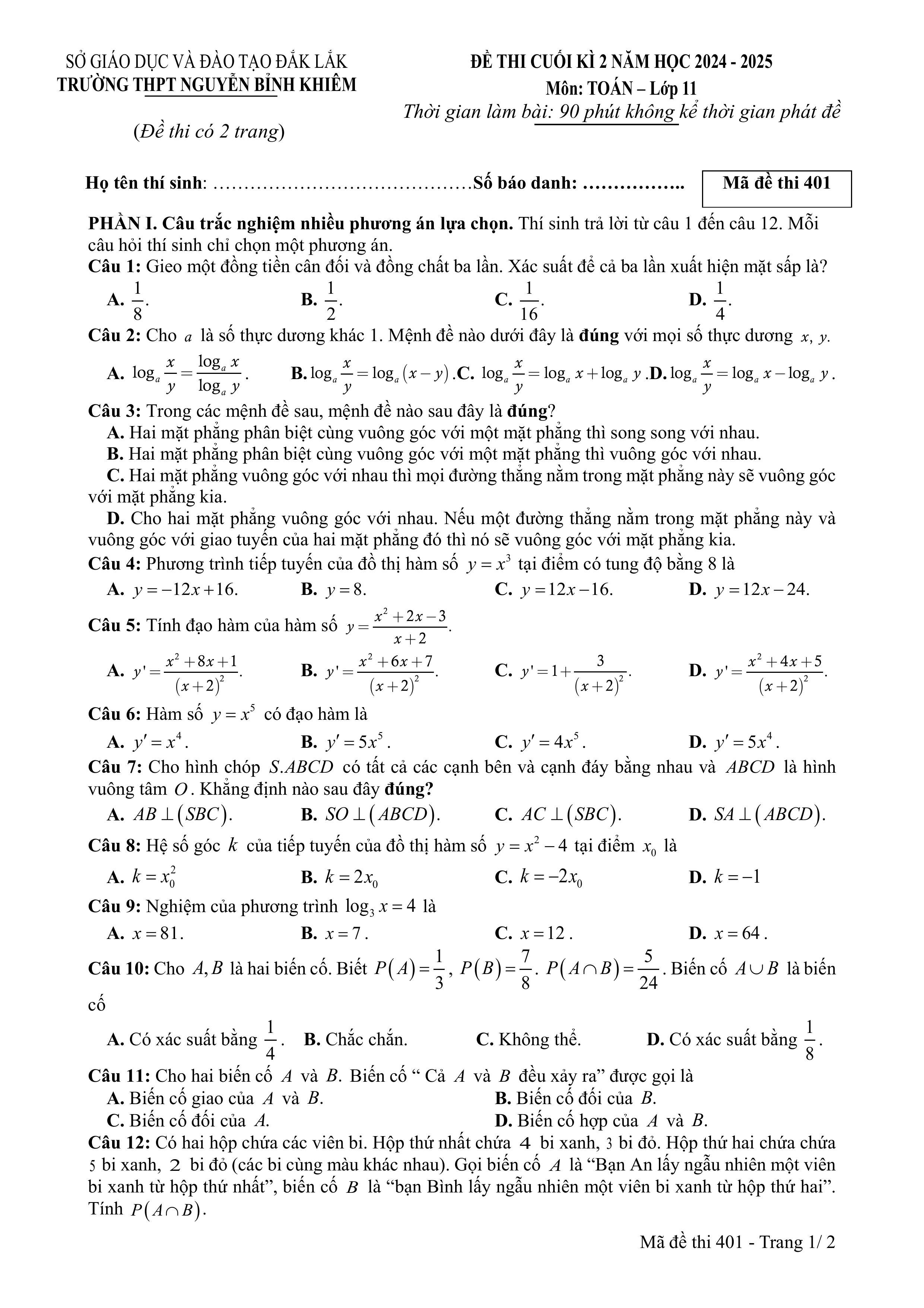 Đề thi Học kì 2 Toán 11 trường THPT Nguyễn Bỉnh Khiêm (Đắk Lắk) năm 2024–2025