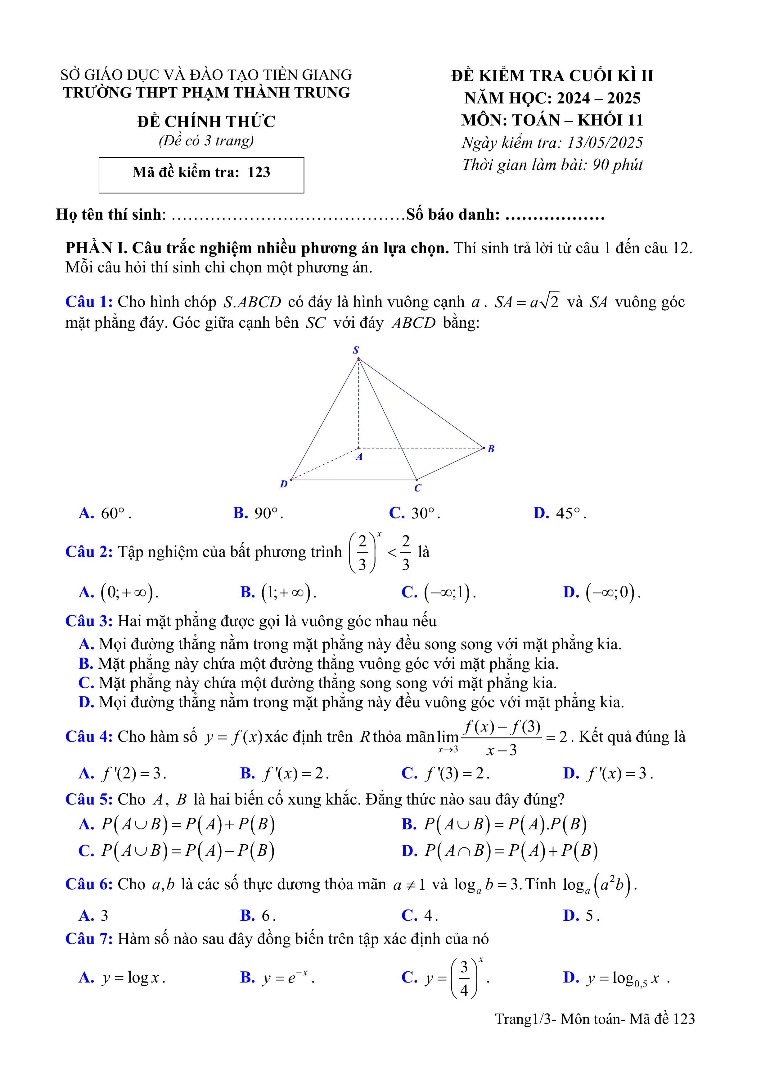 Đề thi Học kì 2 Toán 11 trường THPT Phạm Thành Trung (Tiền Giang) năm 2024–2025