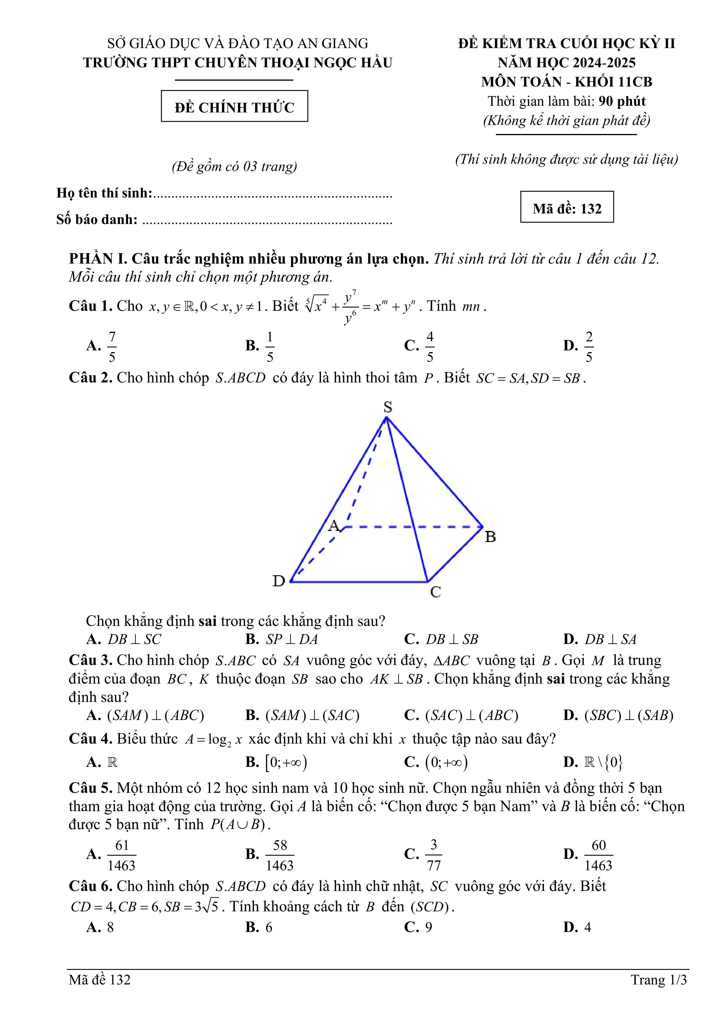 Đề thi Học kì 2 Toán 11 trường THPT chuyên Thoại Ngọc Hầu (An Giang) năm 2024–2025