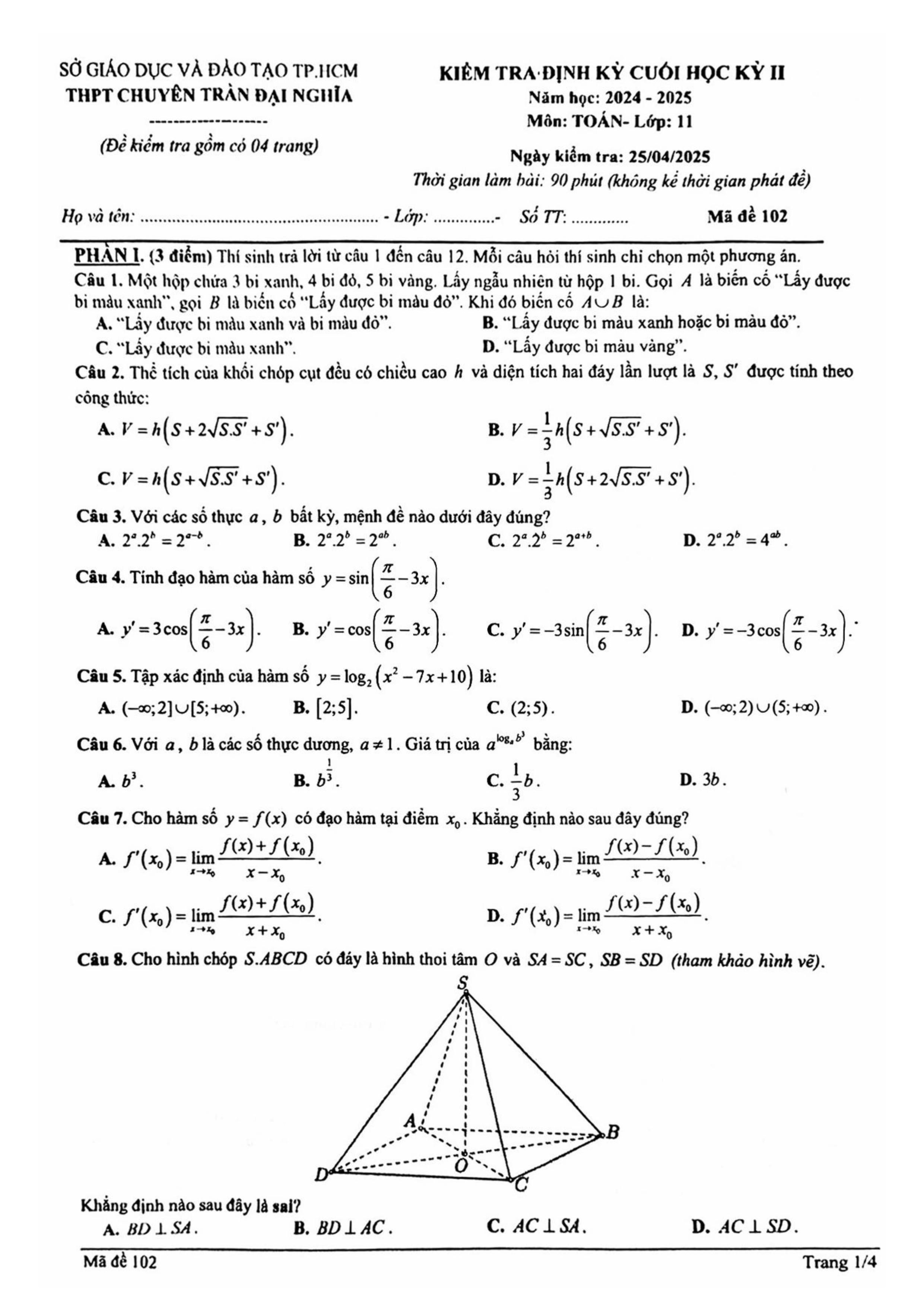 Đề thi Học kì 2 Toán 11 trường THPT chuyên Trần Đại Nghĩa (Hồ Chí Minh) năm 2024–2025