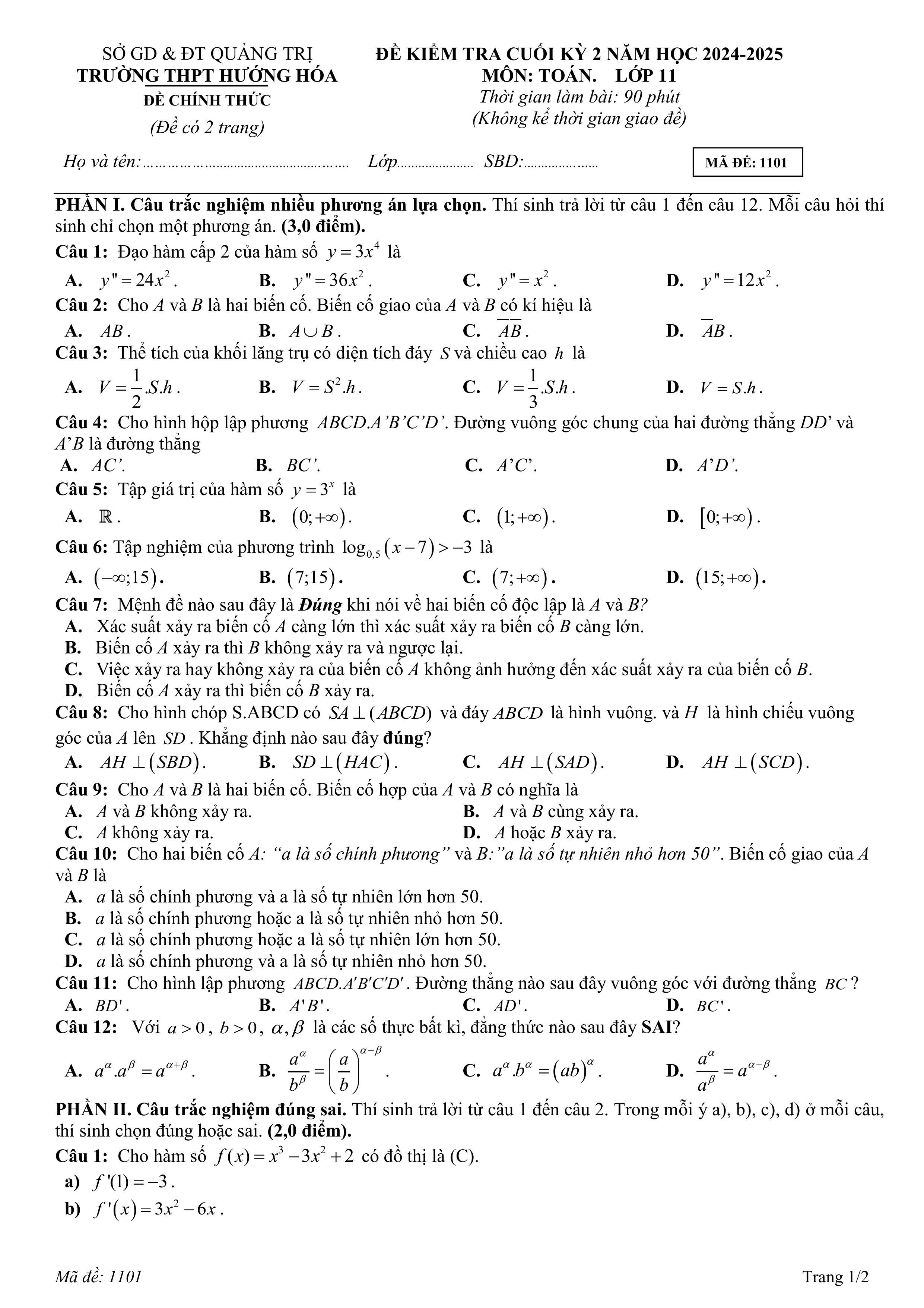 Đề thi Học kì 2 Toán 11 trường THPT Hướng Hóa (Quảng Trị) năm 2024–2025