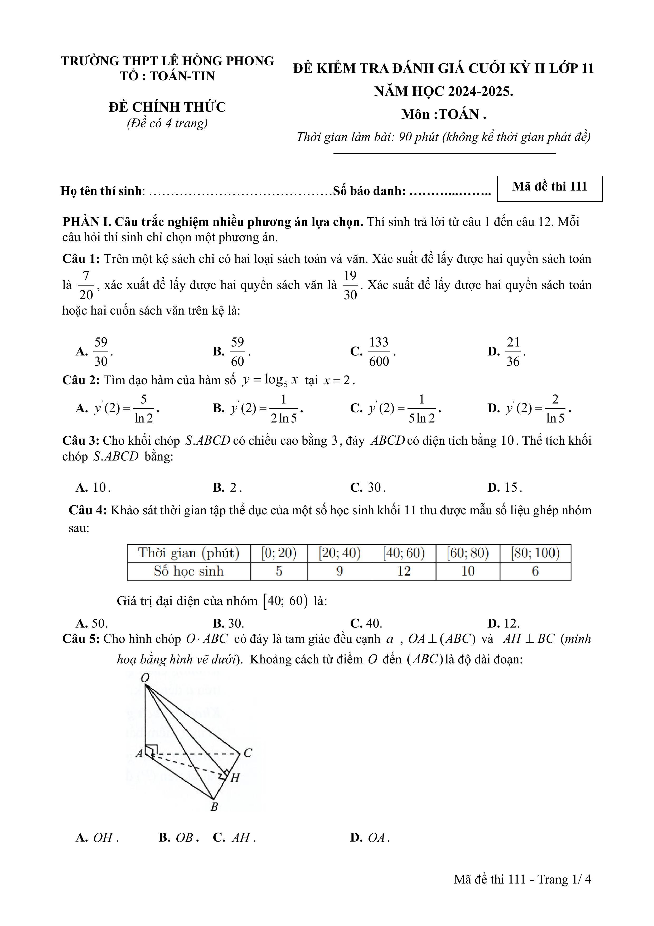 Đề thi Học kì 2 Toán 11 trường THPT Lê Hồng Phong (Đắk Lắk) năm 2024–2025