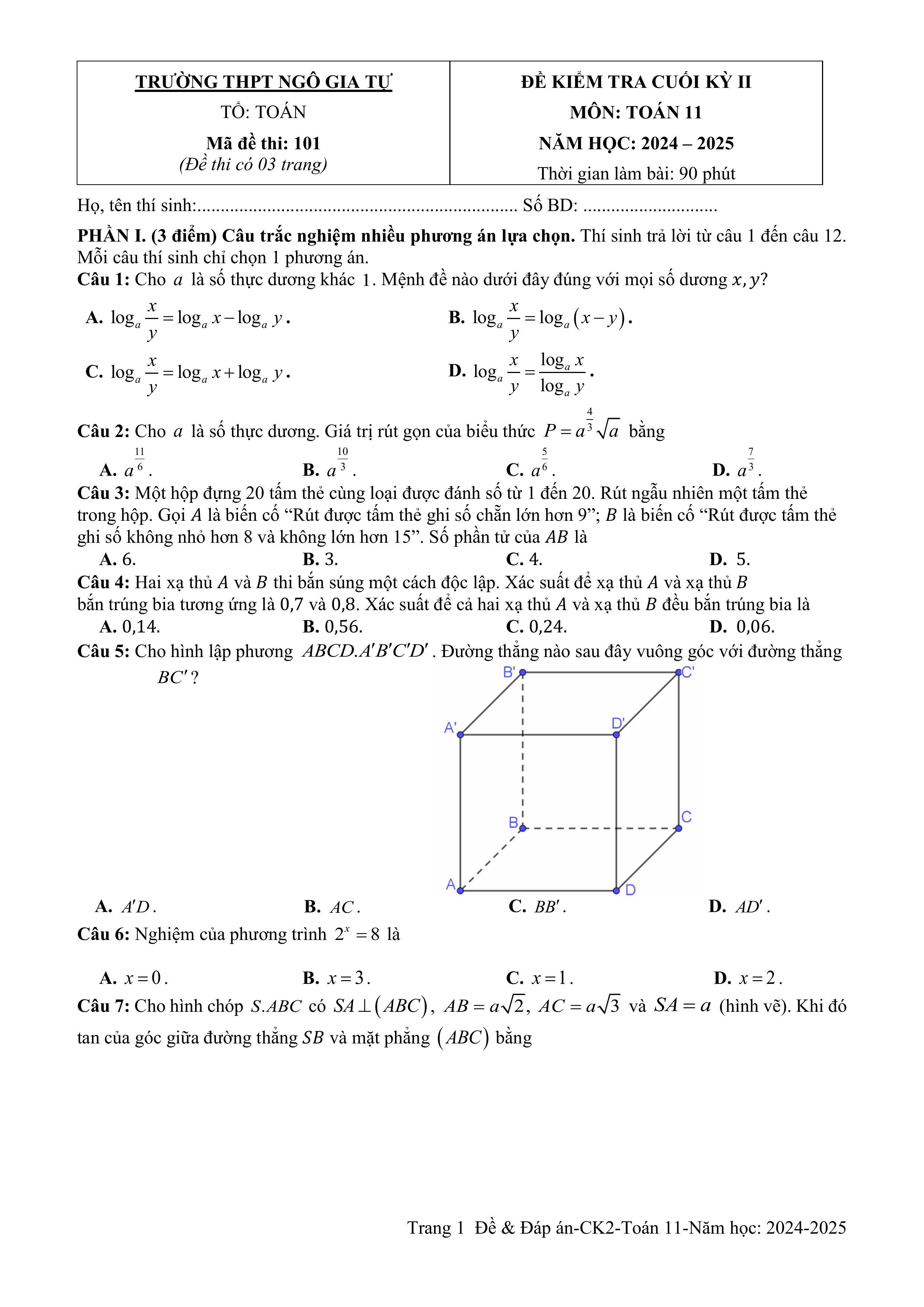 Đề thi Học kì 2 Toán 11 trường THPT Ngô Gia Tự (Phú Yên) năm 2024–2025