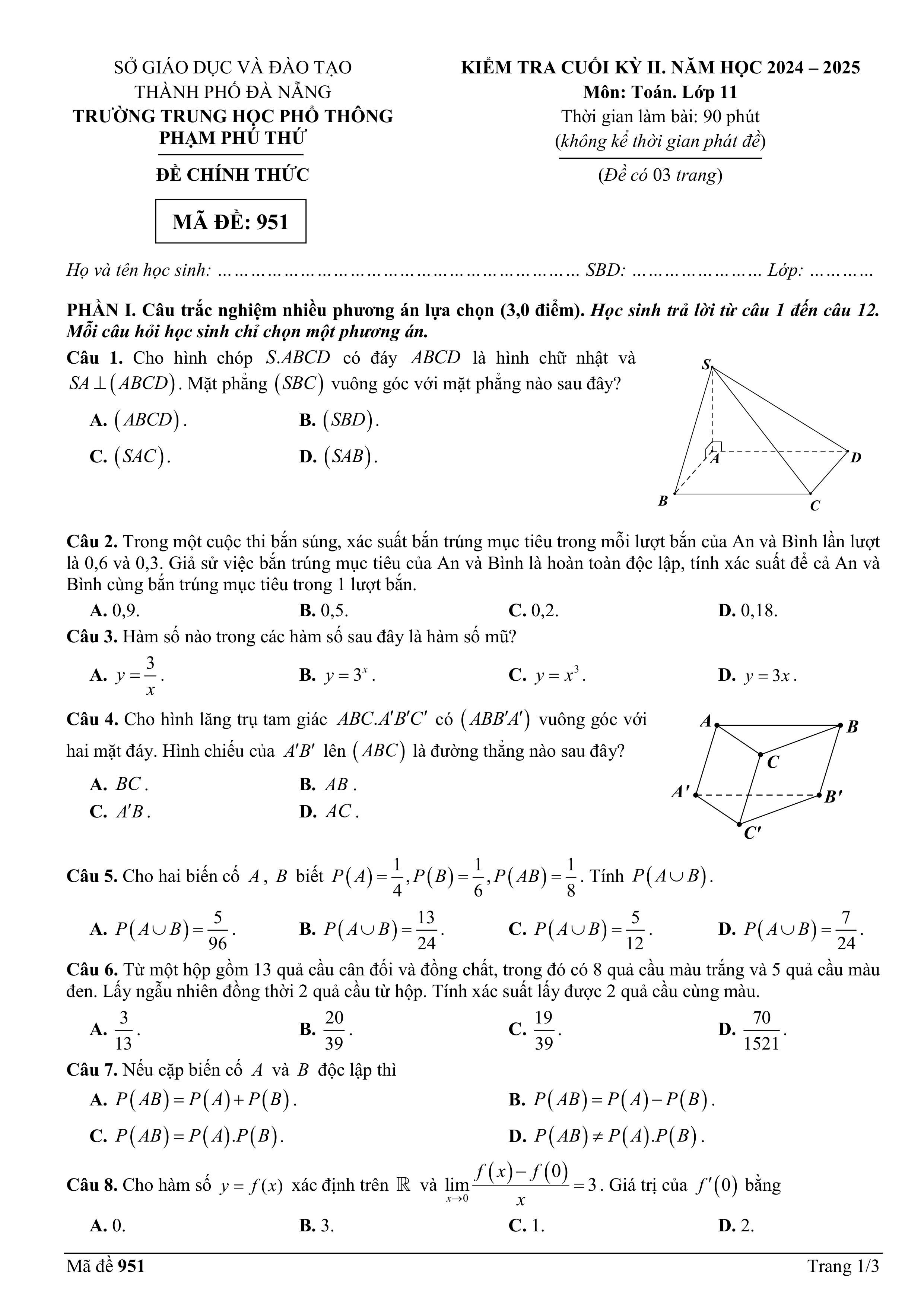 Đề thi Học kì 2 Toán 11 trường THPT Phạm Phú Thứ (Đà Nẵng) năm 2024–2025