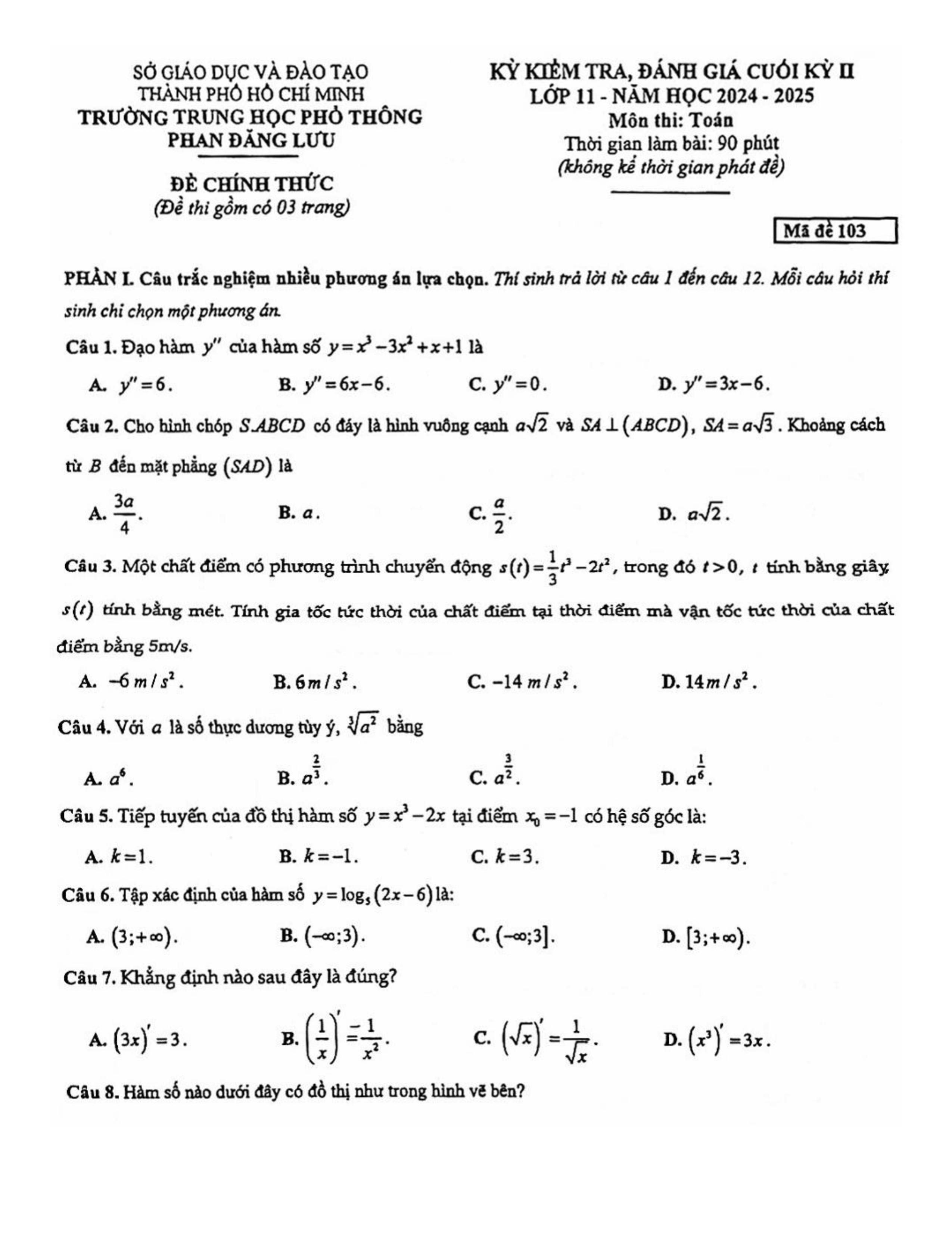 Đề thi Học kì 2 Toán 11 trường THPT Phan Đăng Lưu (Hồ Chí Minh) năm 2024–2025