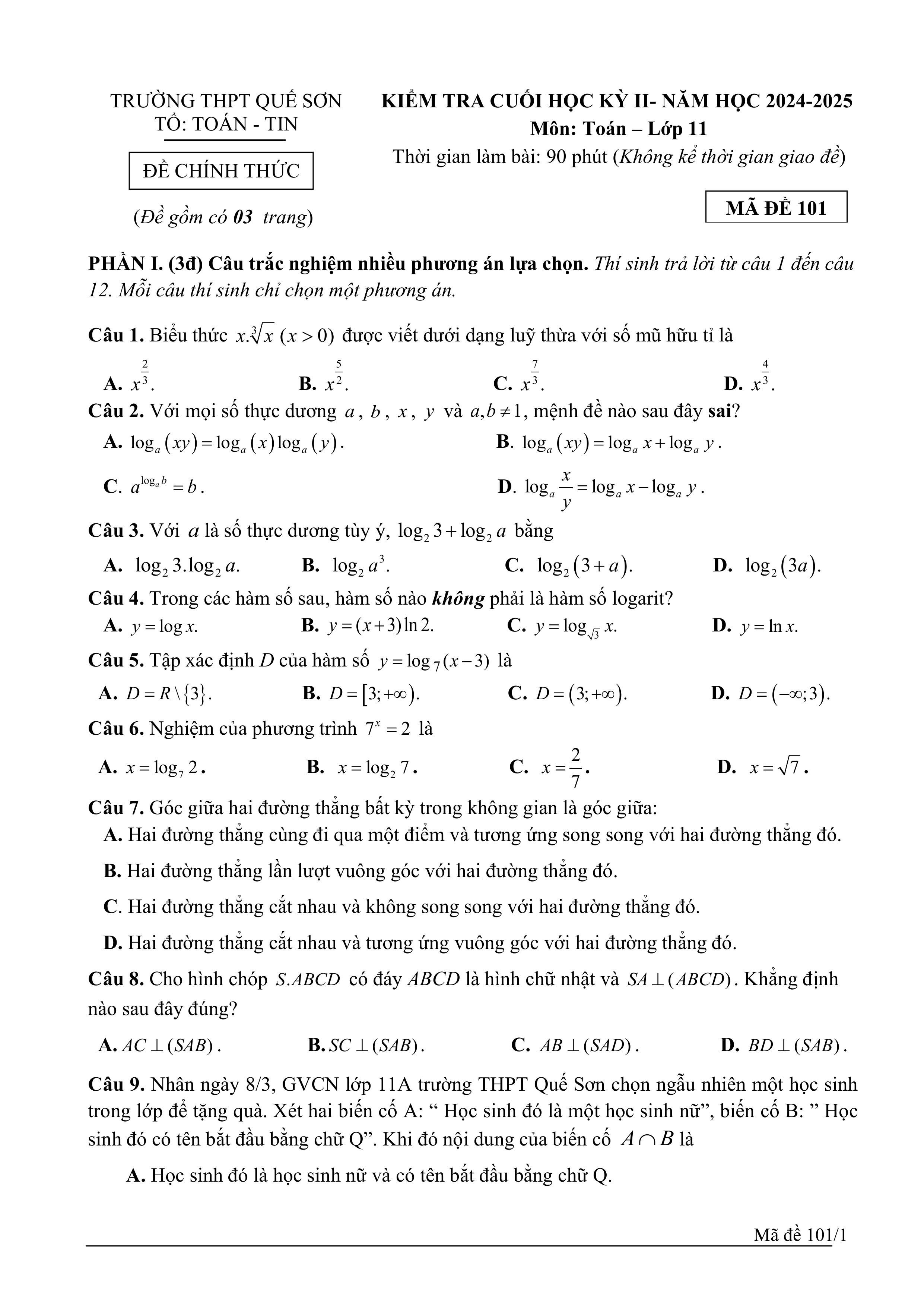 Đề thi Học kì 2 Toán 11 trường THPT Quế Sơn (Quảng Nam) năm 2024–2025
