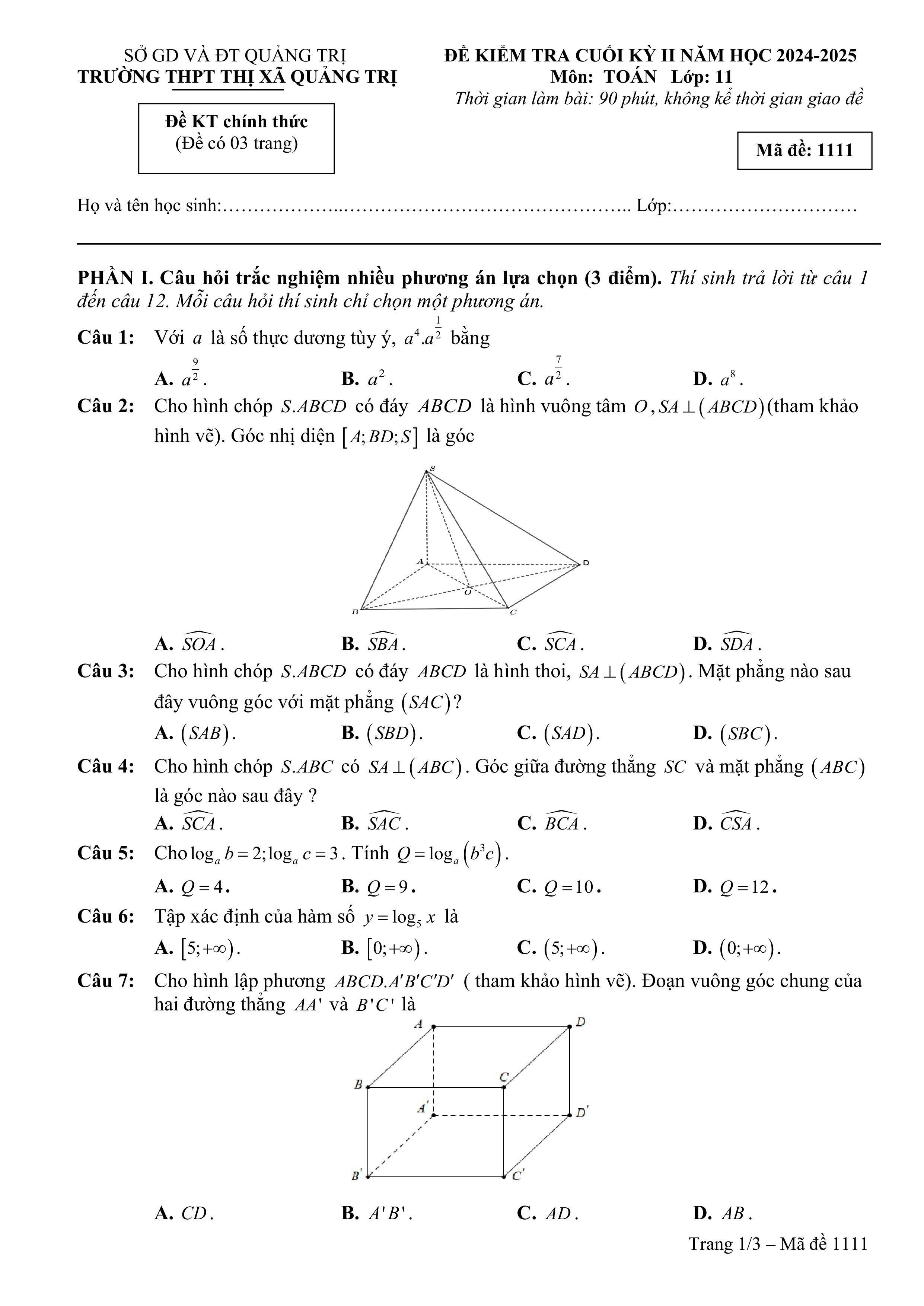 Đề thi Học kì 2 Toán 11 trường THPT Thị xã Quảng Trị (Quảng Trị) năm 2024–2025