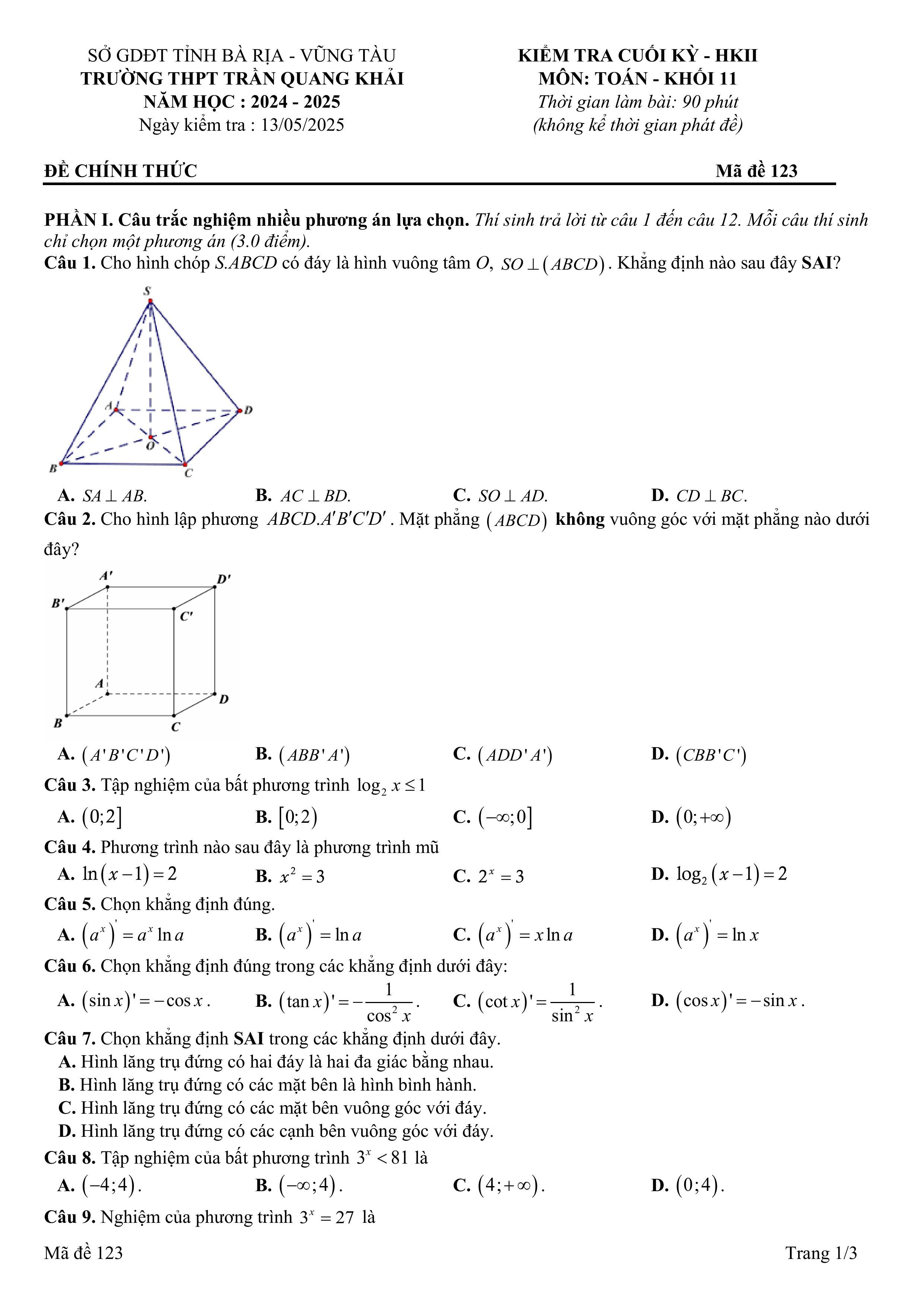 Đề thi Học kì 2 Toán 11 trường THPT Trần Quang Khải (Bà Rịa-Vũng Tàu) năm 2024–2025