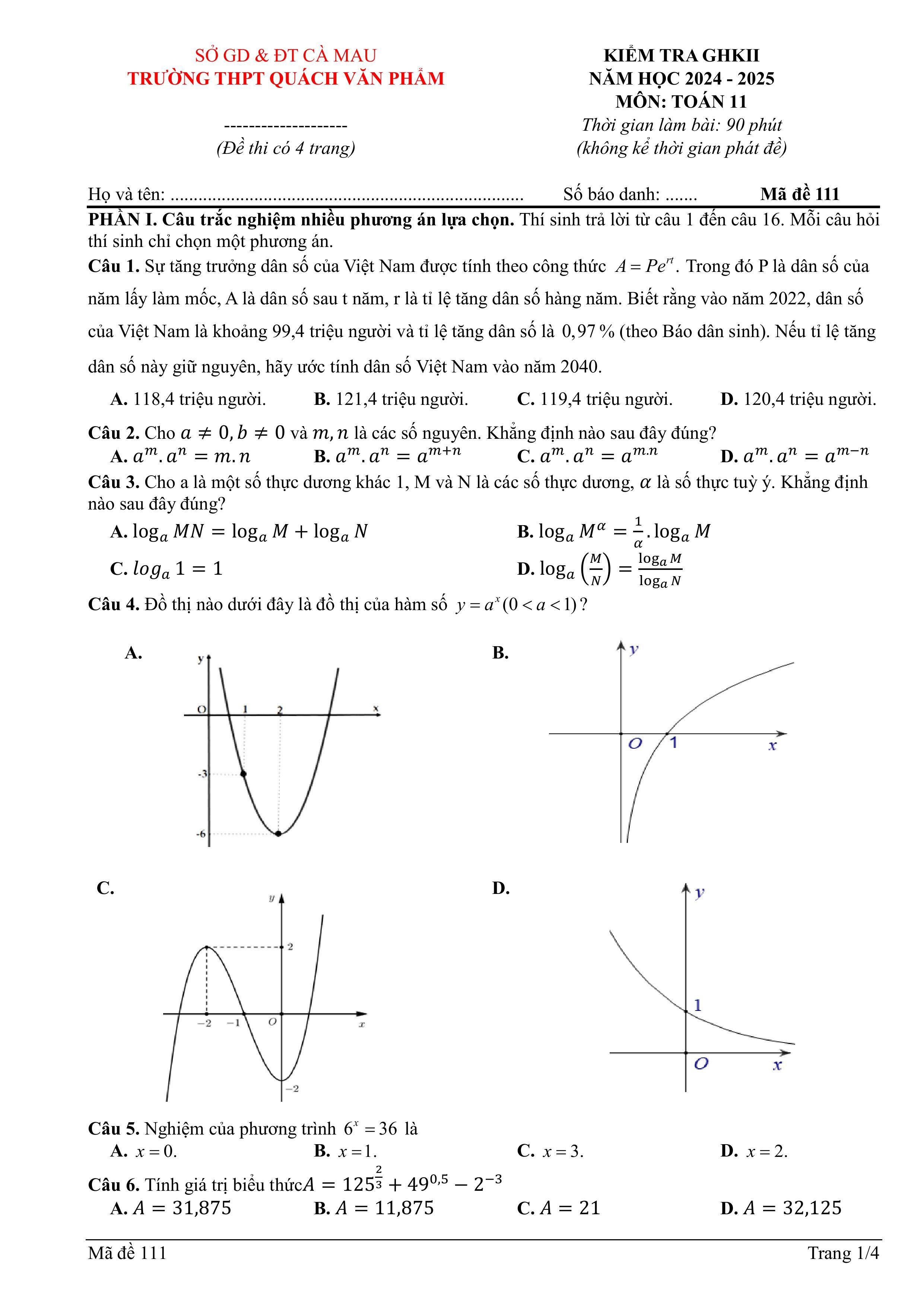 Đề thi Giữa kì 2 Toán 11 trường THPT Quách Văn Phẩm (Cà Mau) năm 2024–2025