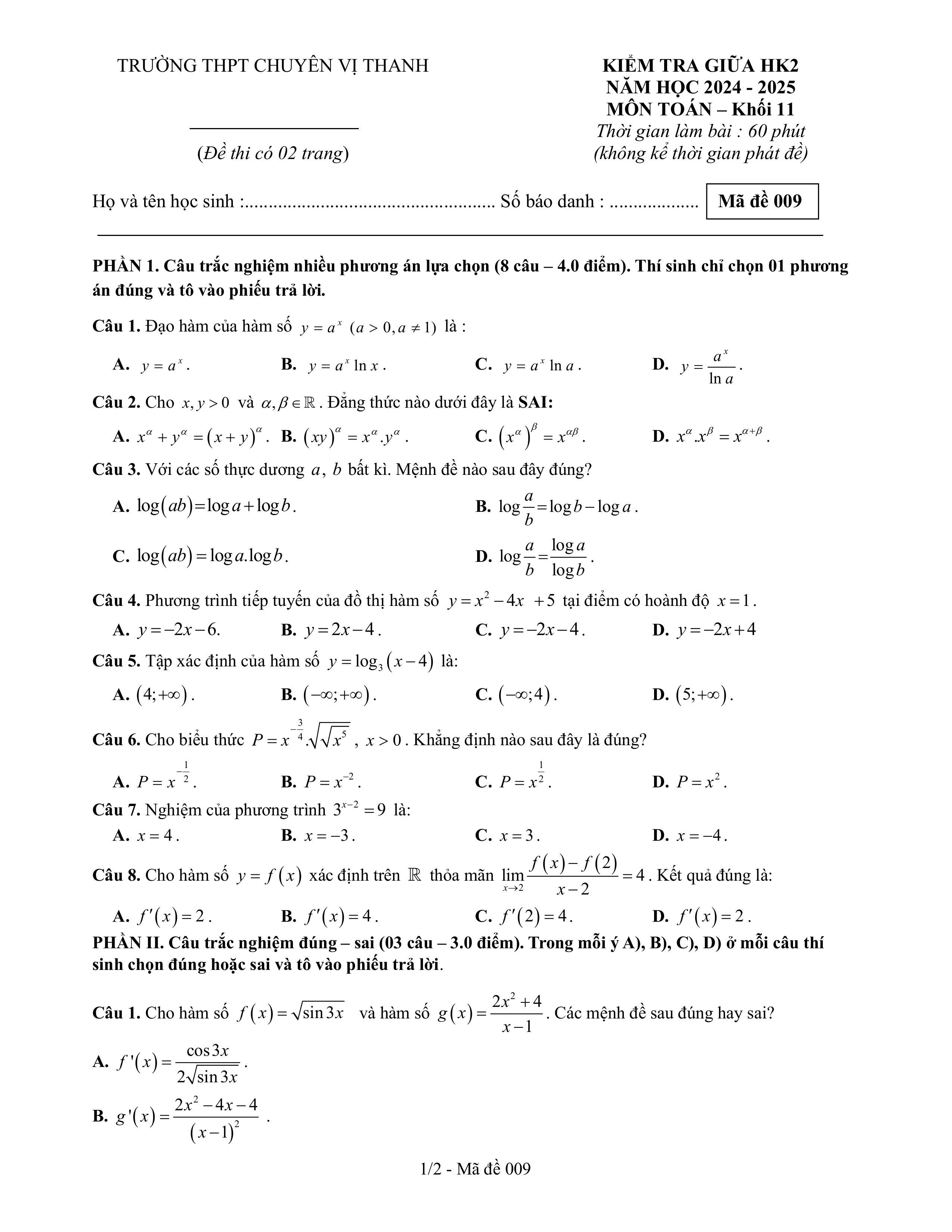 Đề thi Giữa kì 2 Toán 11 trường THPT chuyên Vị Thanh (Hậu Giang) năm 2024–2025