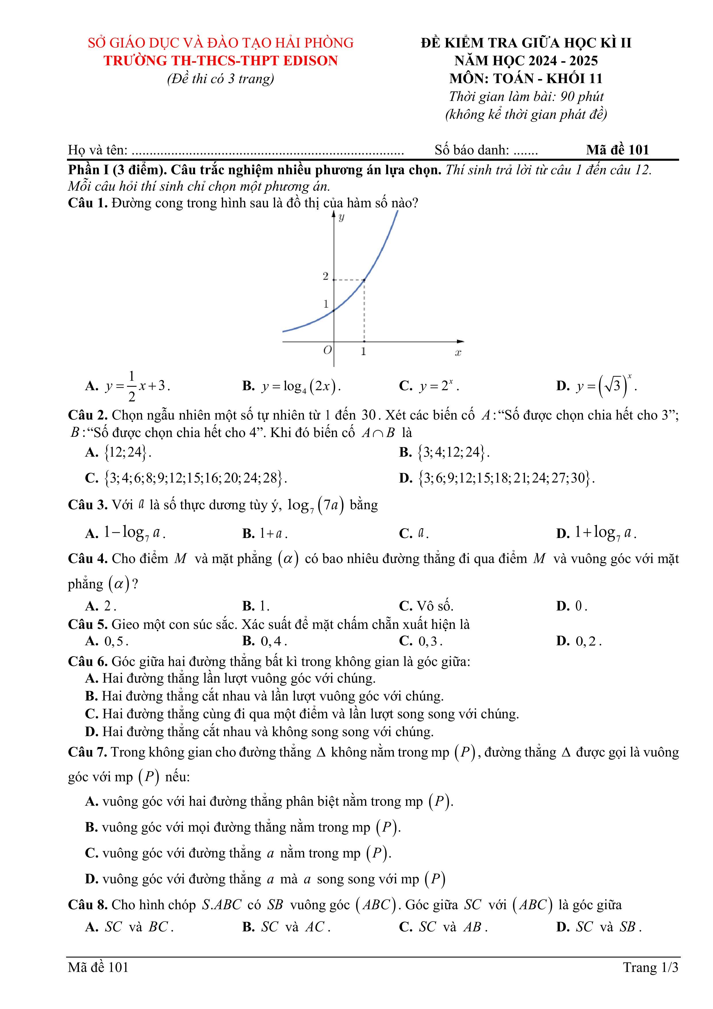 Đề thi Giữa kì 2 Toán 11 trường THPT Edison (Hải Phòng) năm 2024–2025