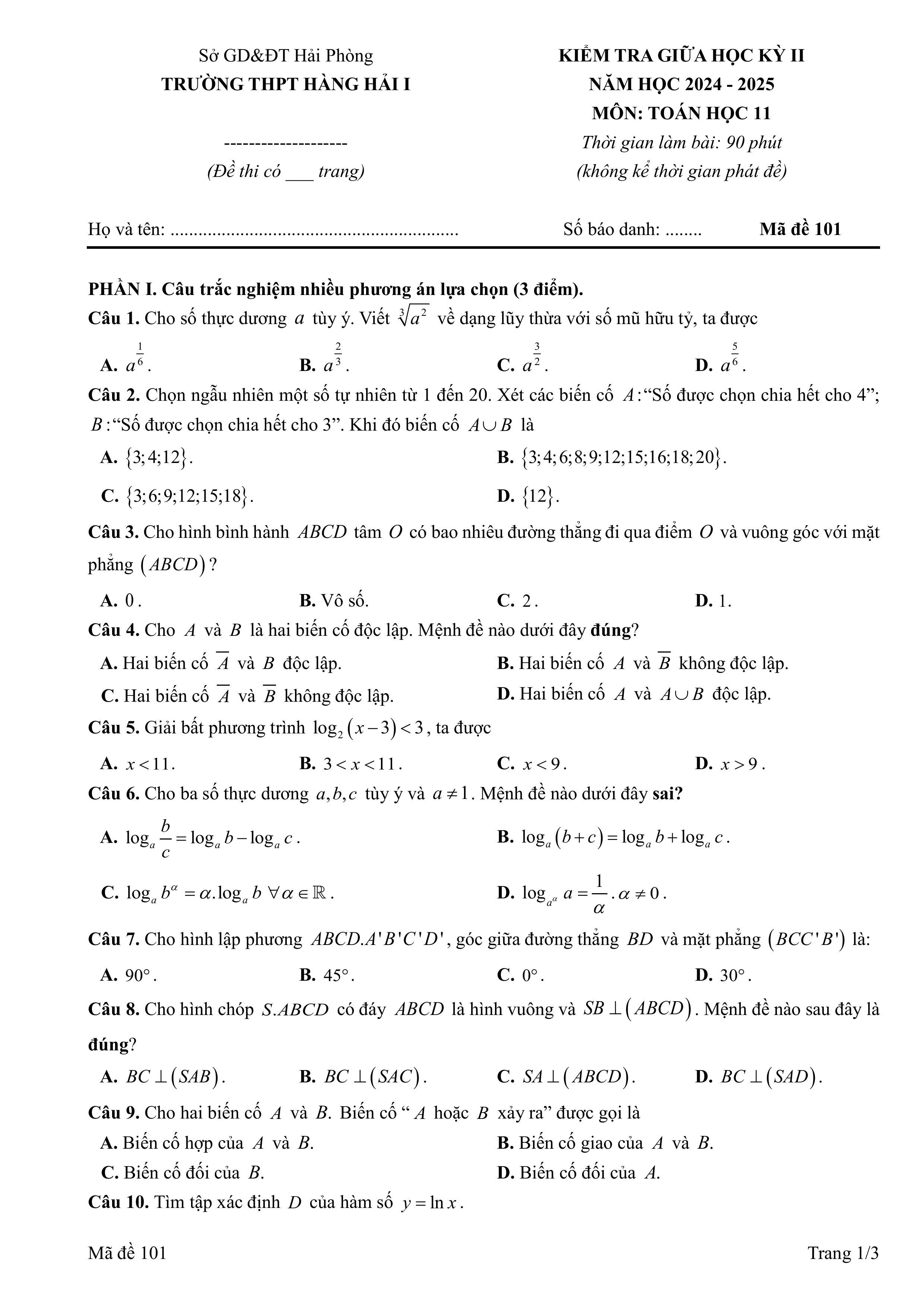 Đề thi Giữa kì 2 Toán 11 trường THPT Hàng Hải 1 (Hải Phòng) năm 2024–2025