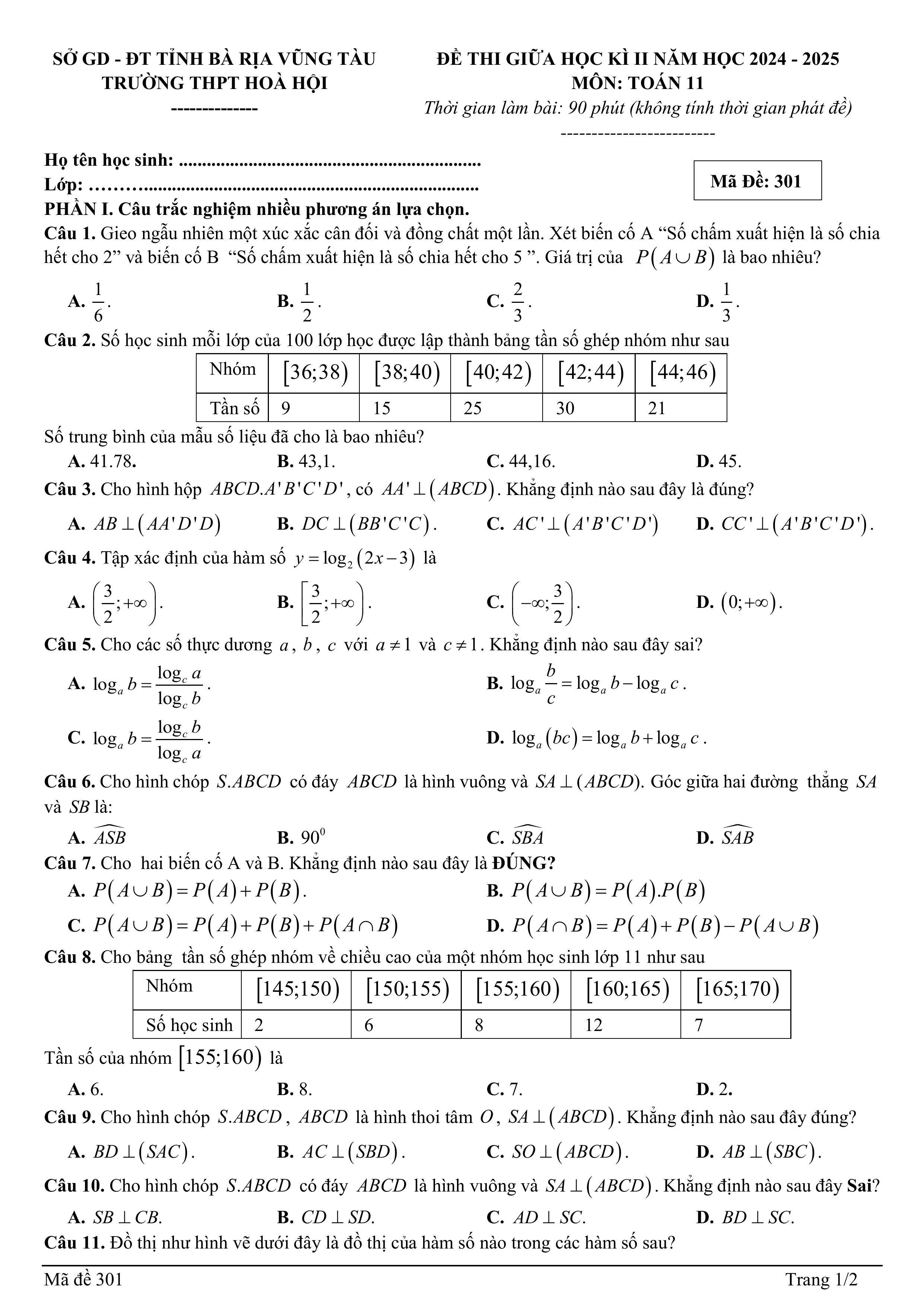 Đề thi Giữa kì 2 Toán 11 trường THPT Hòa Hội (Bà Rịa Vũng Tàu) năm 2024–2025