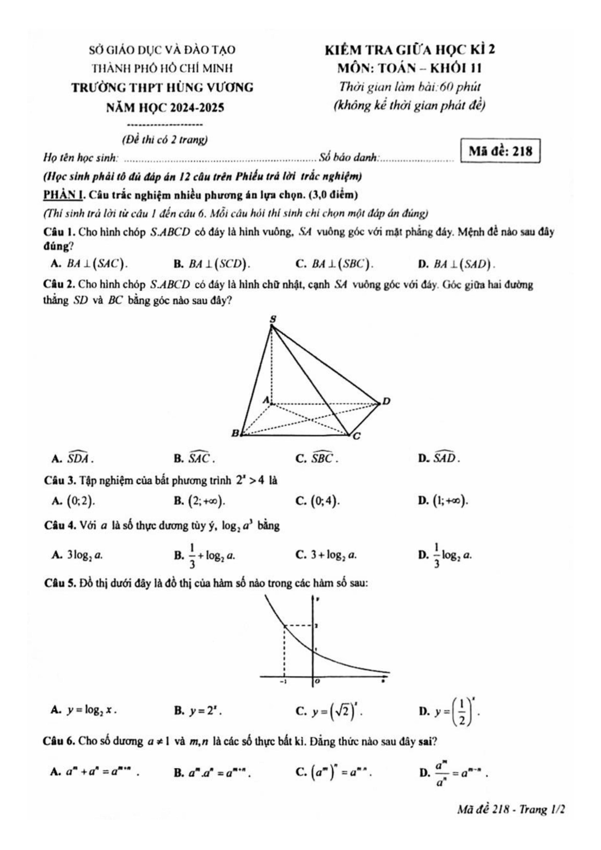 Đề thi Giữa kì 2 Toán 11 trường THPT Hùng Vương (Hồ Chí Minh) năm 2024–2025