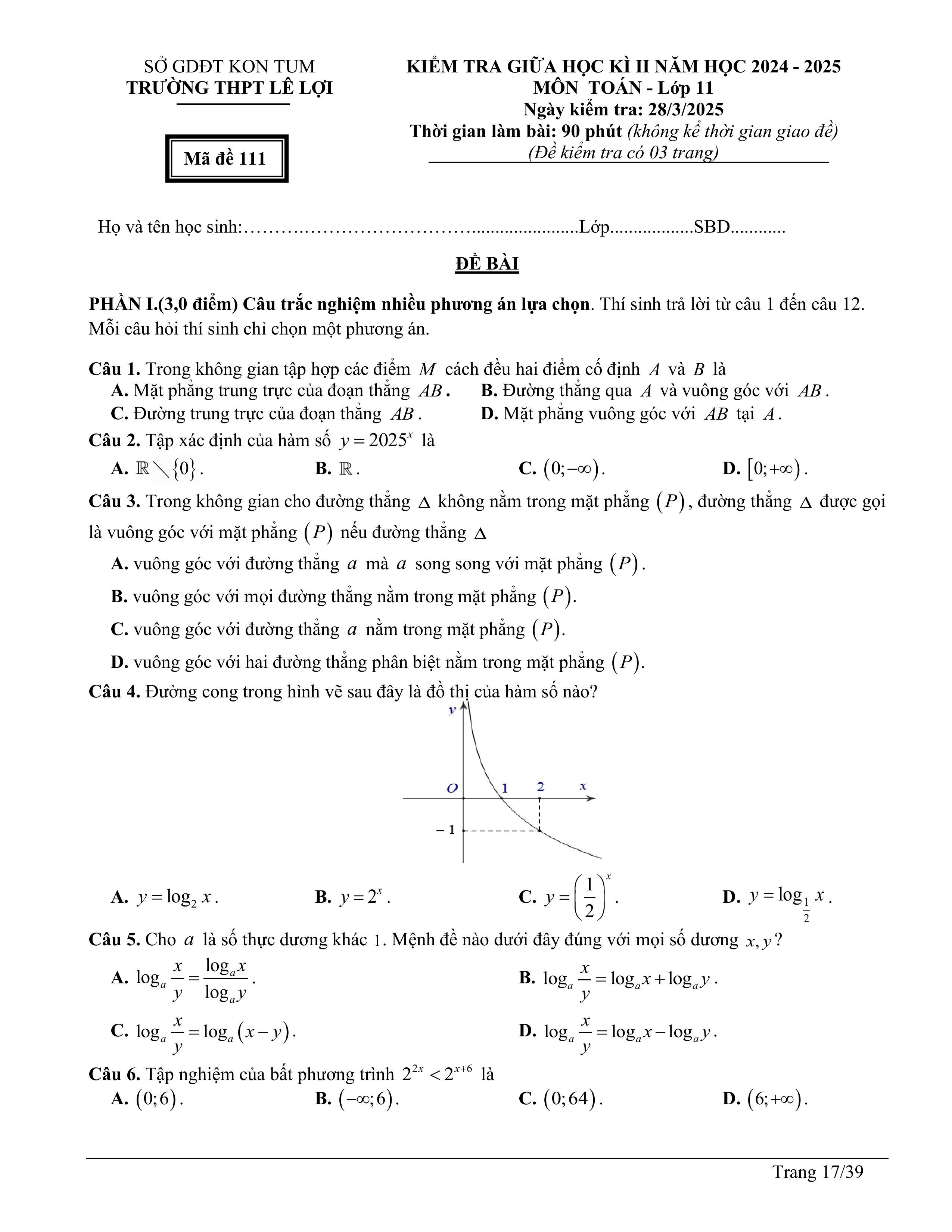 Đề thi Giữa kì 2 Toán 11 trường THPT Lê Lợi (Kon Tum) năm 2024–2025