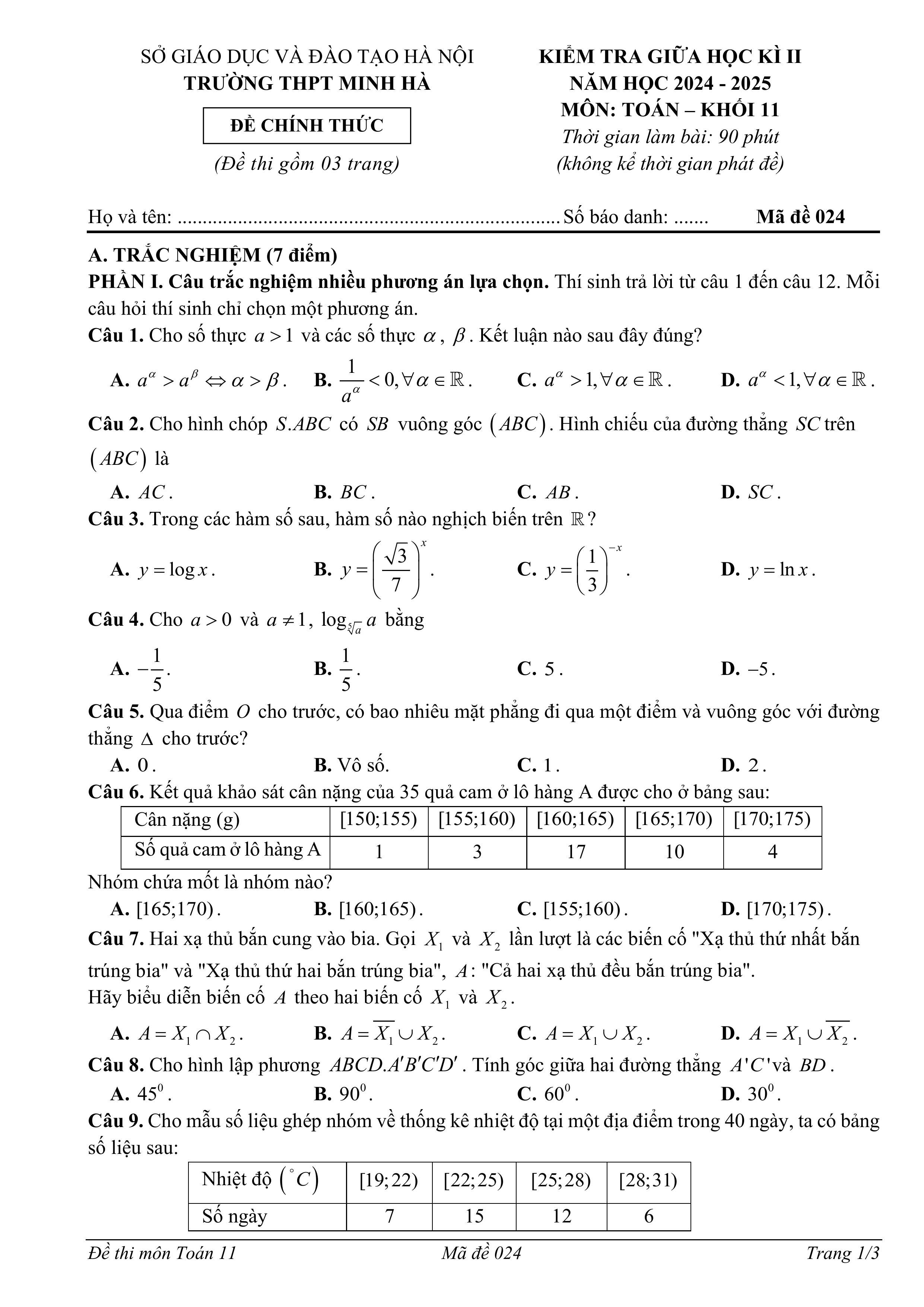 Đề thi Giữa kì 2 Toán 11 trường THPT Minh Hà (Hà Nội) năm 2024–2025