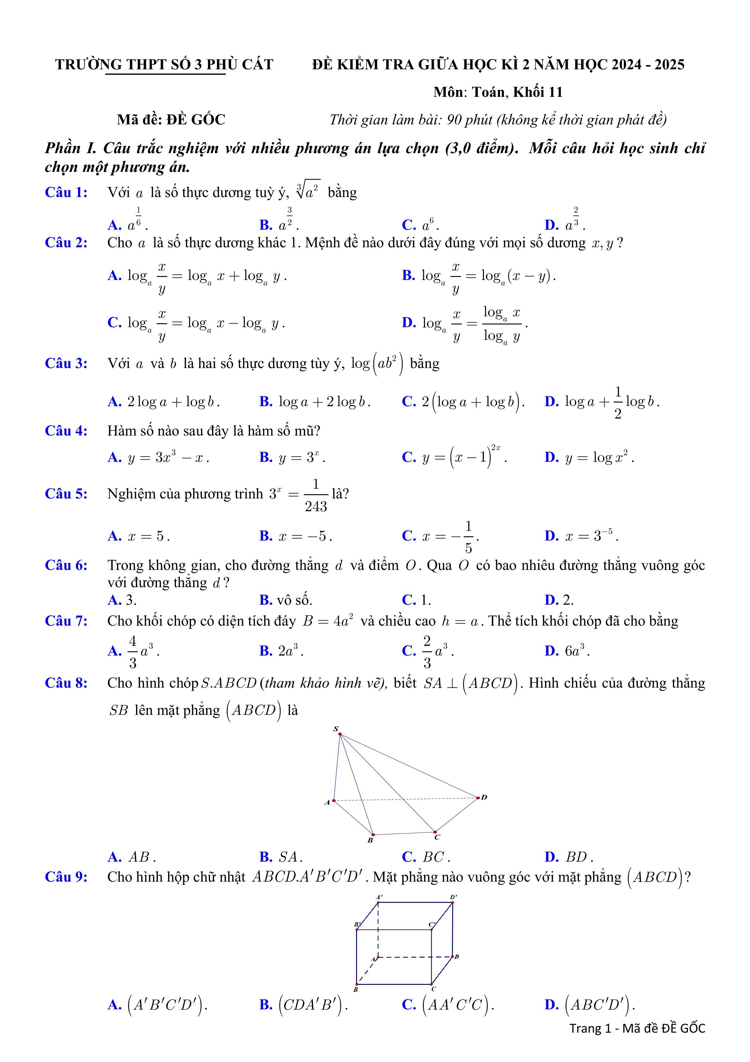 Đề thi Giữa kì 2 Toán 11 trường THPT Phù Cát 3 (Bình Định) năm 2024–2025