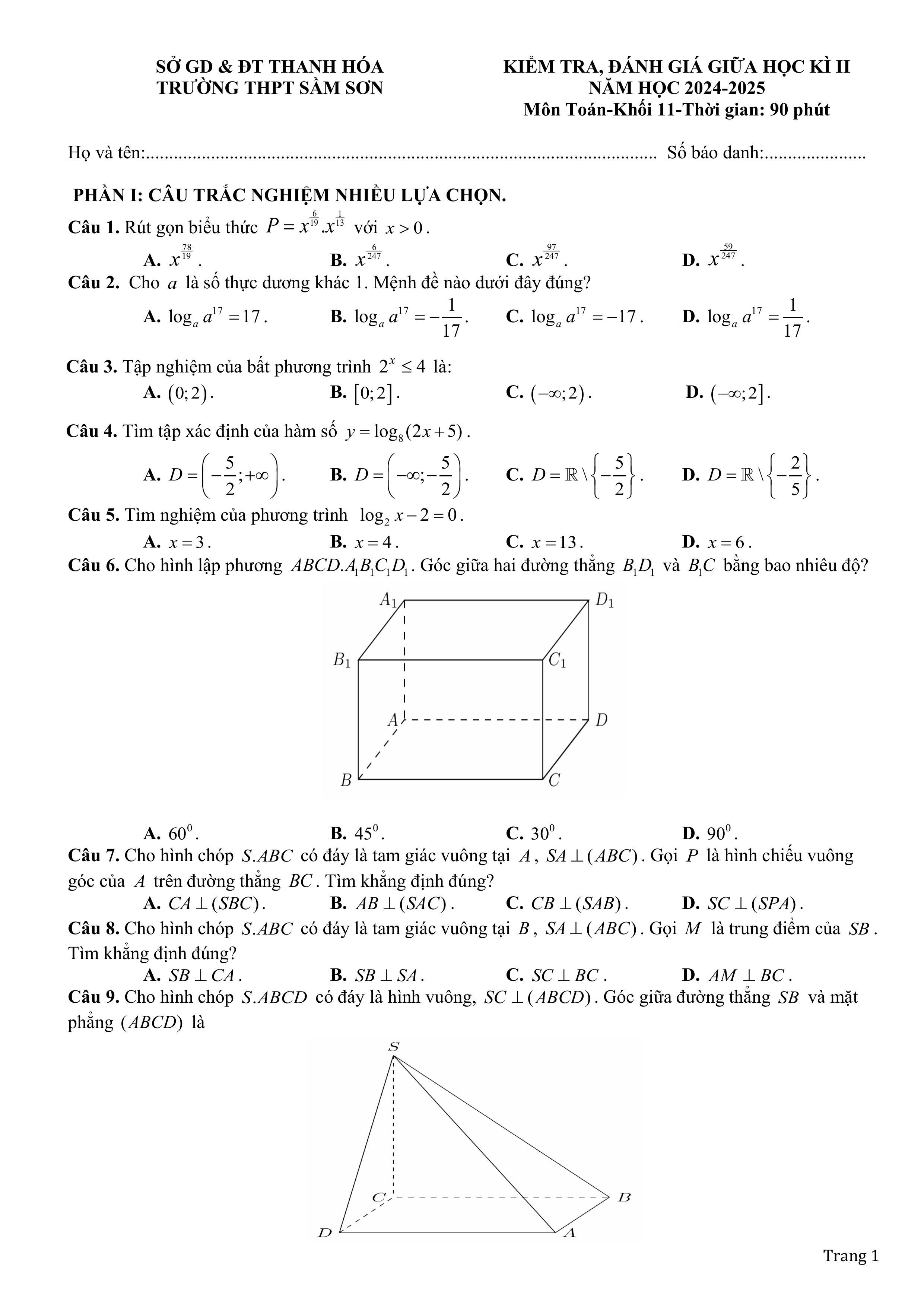 Đề thi Giữa kì 2 Toán 11 trường THPT Sầm Sơn (Thanh Hóa) năm 2024–2025