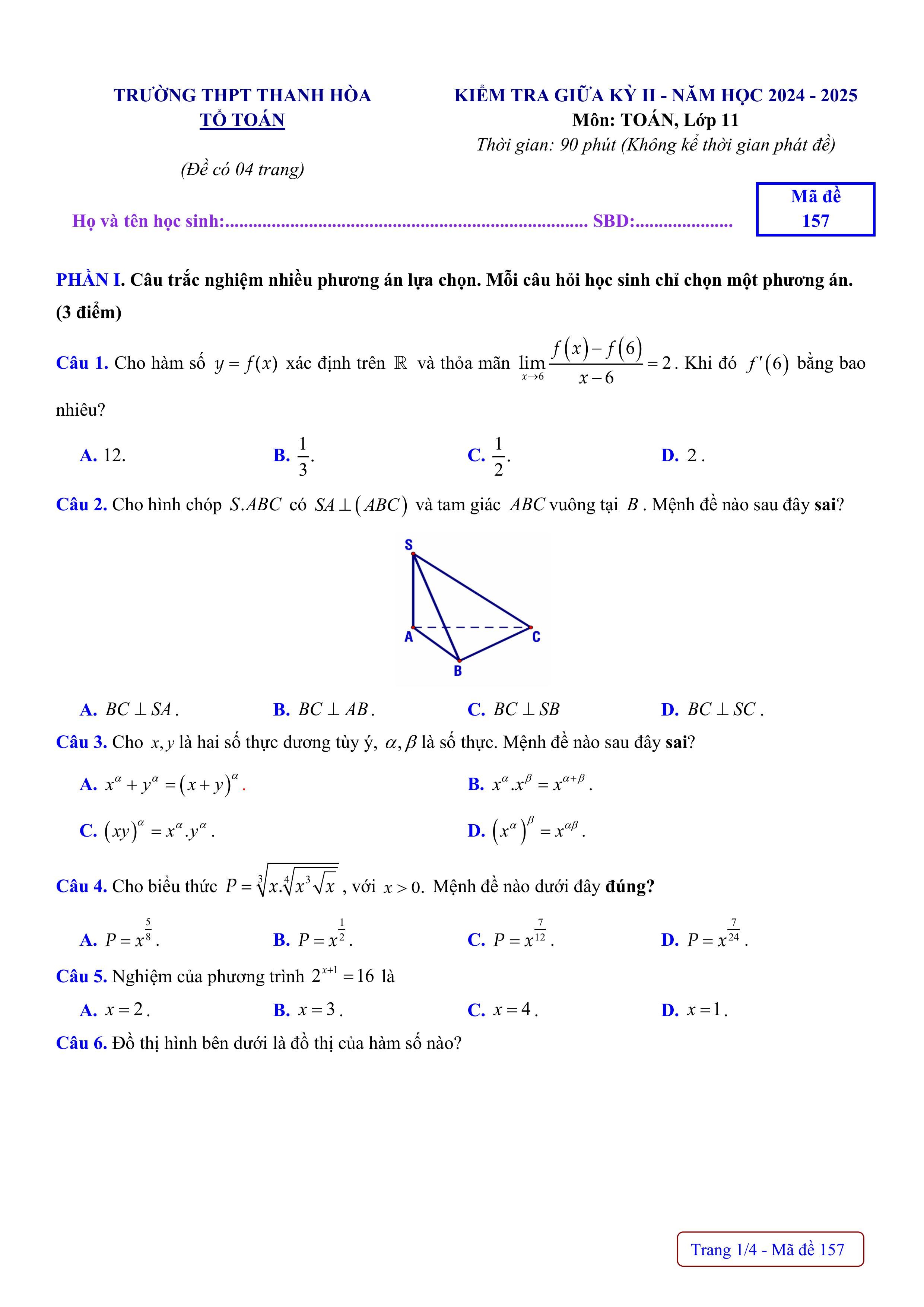 Đề thi Giữa kì 2 Toán 11 trường THPT Thanh Hòa (Bình Phước) năm 2024–2025