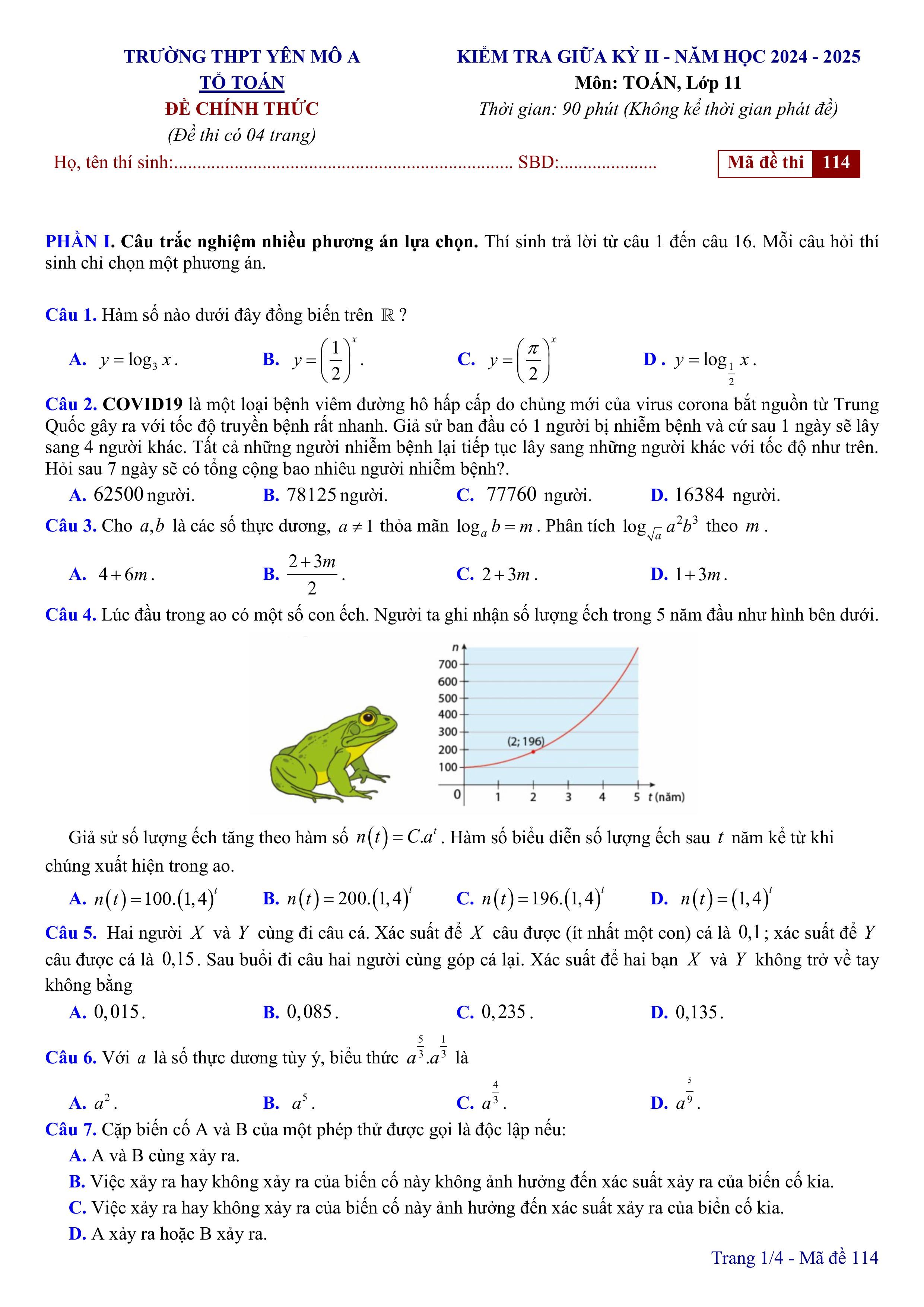 Đề thi Giữa kì 2 Toán 11 trường THPT Yên Mô A (Ninh Bình) năm 2024–2025