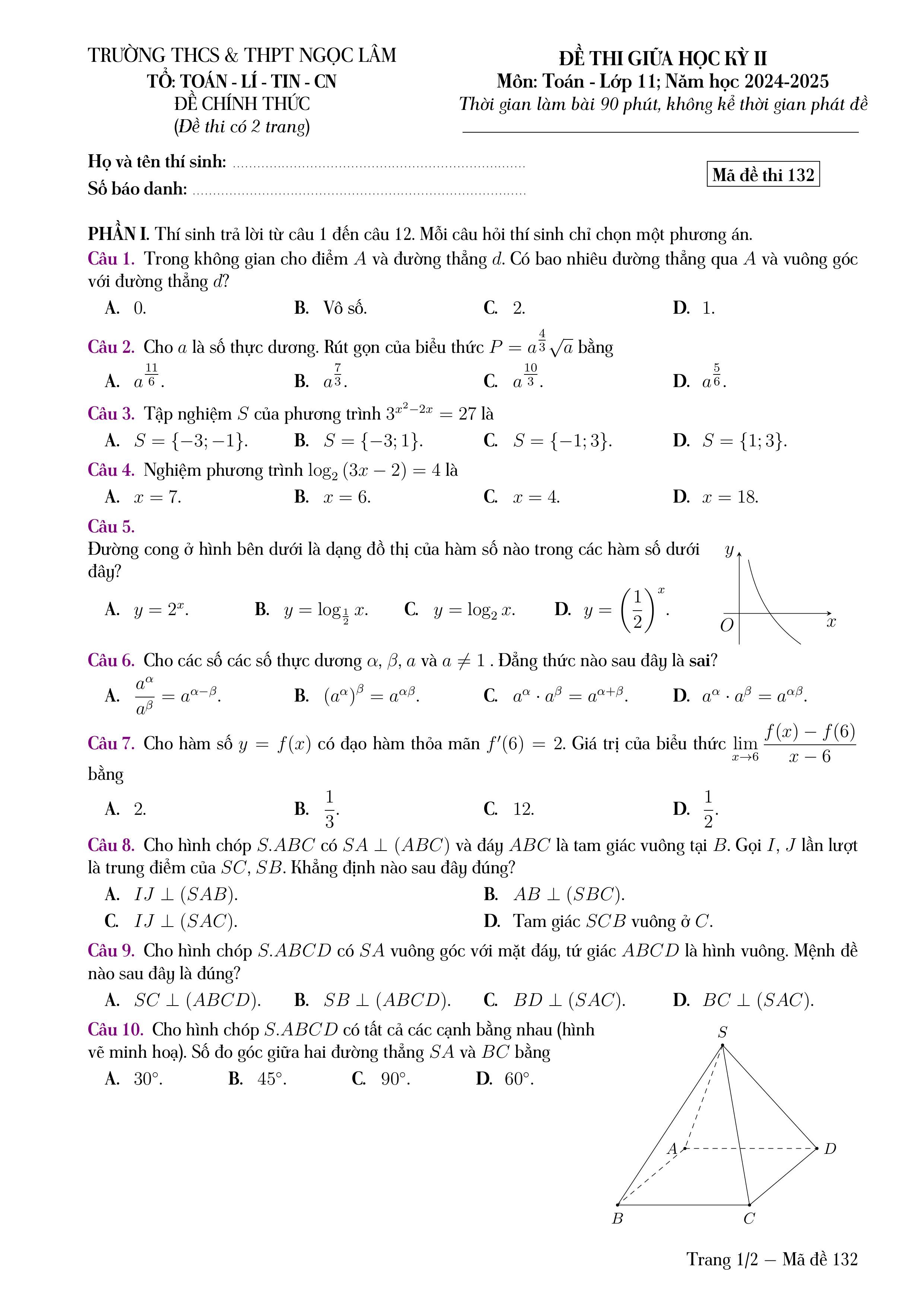 Đề thi Giữa kì 2 Toán 11 trường THPT Ngọc Lâm (Đồng Nai) năm 2024–2025