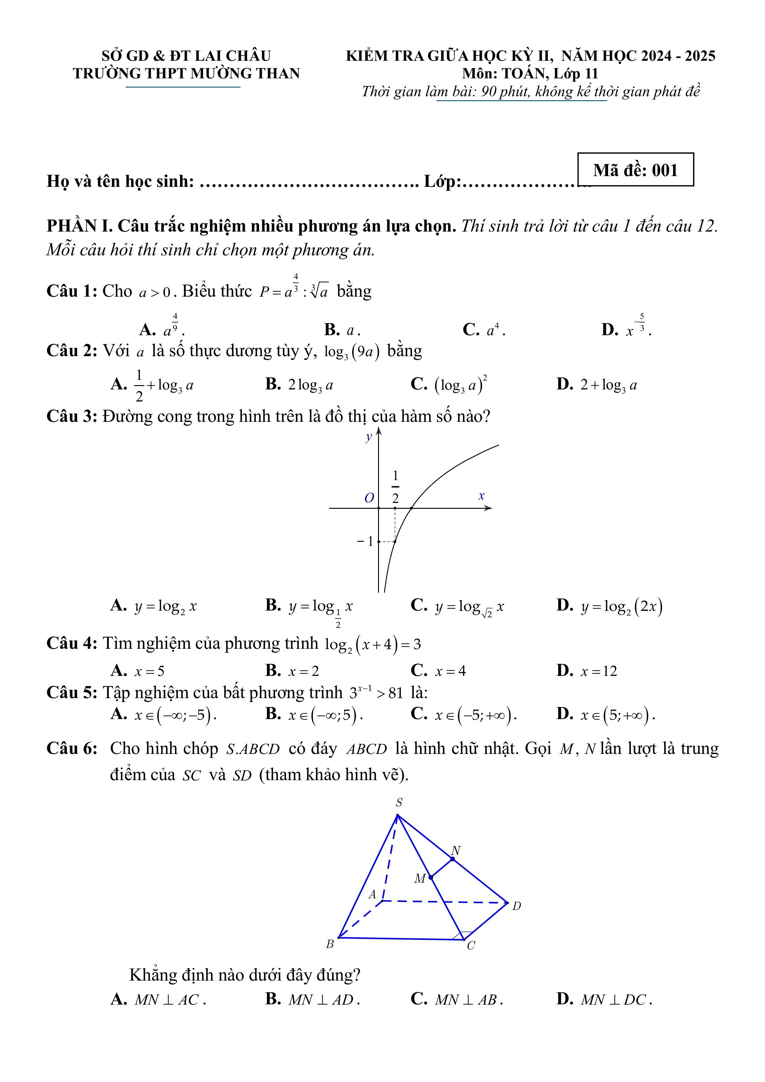 Đề thi Giữa kì 2 Toán 11 trường THPT Mường Than (Lai Châu) năm 2024–2025
