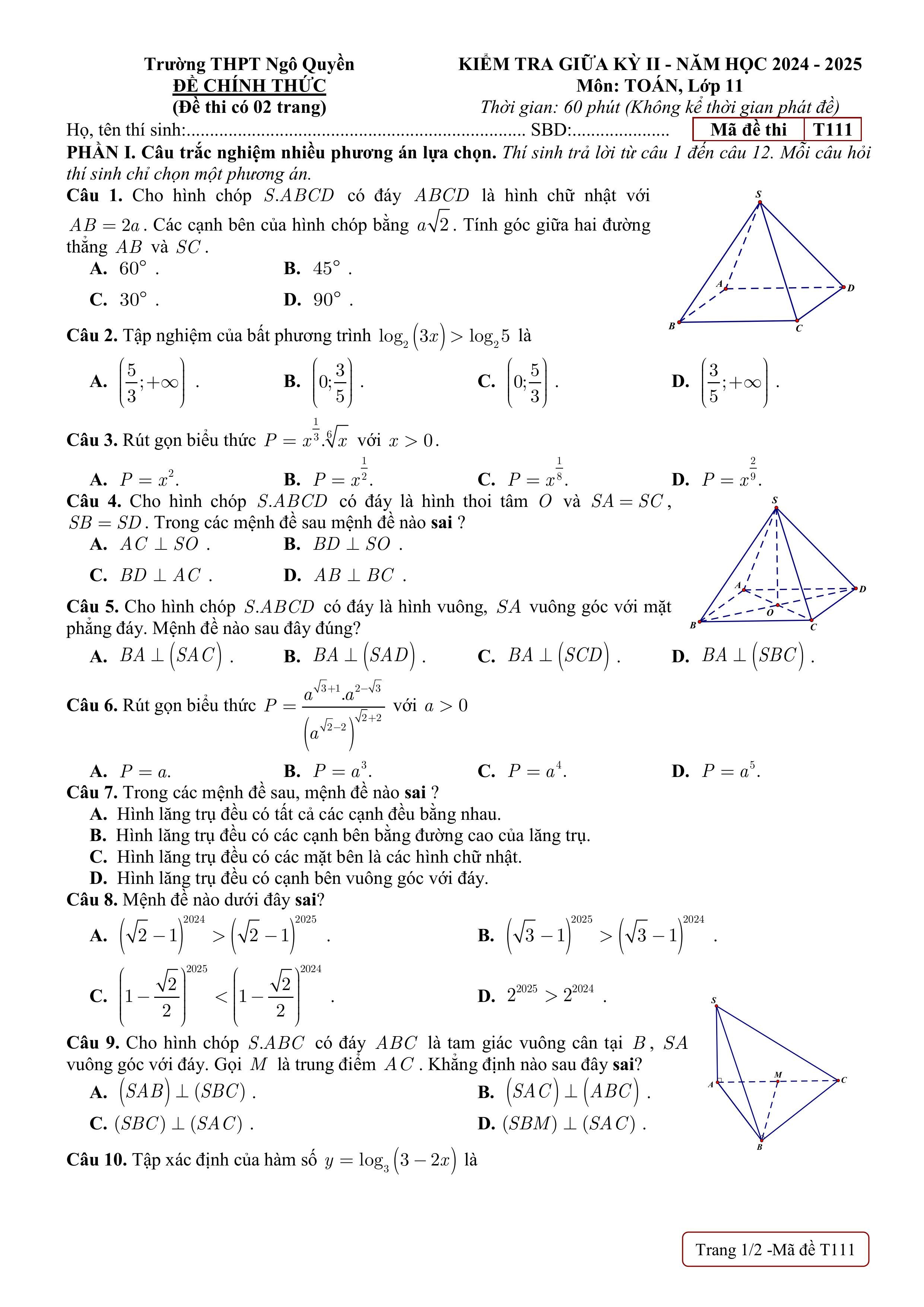Đề thi Giữa kì 2 Toán 11 trường THPT Ngô Quyền (Đồng Nai) năm 2024–2025
