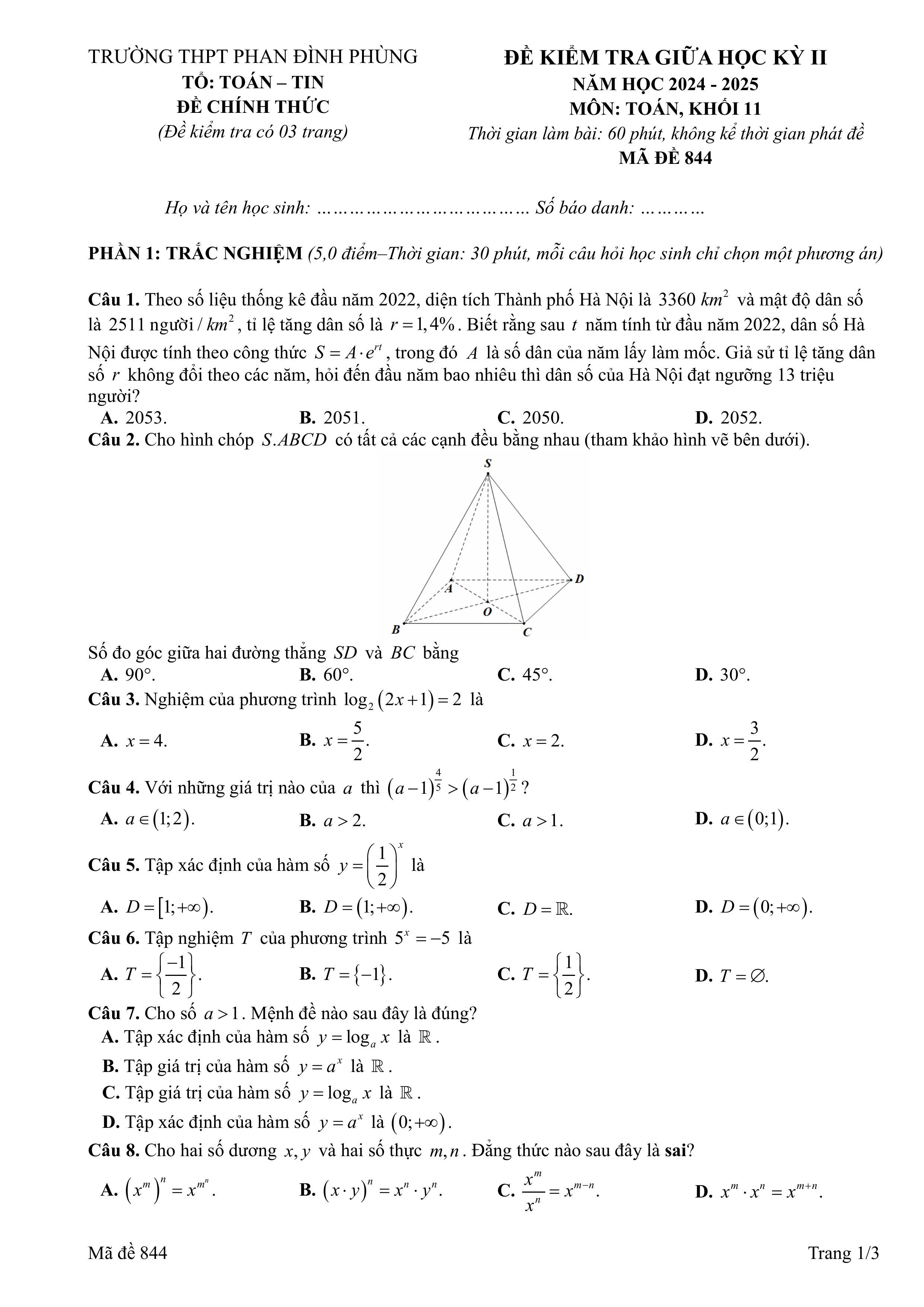 Đề thi Giữa kì 2 Toán 11 trường THPT Phan Đình Phùng (Hà Nội) năm 2024–2025