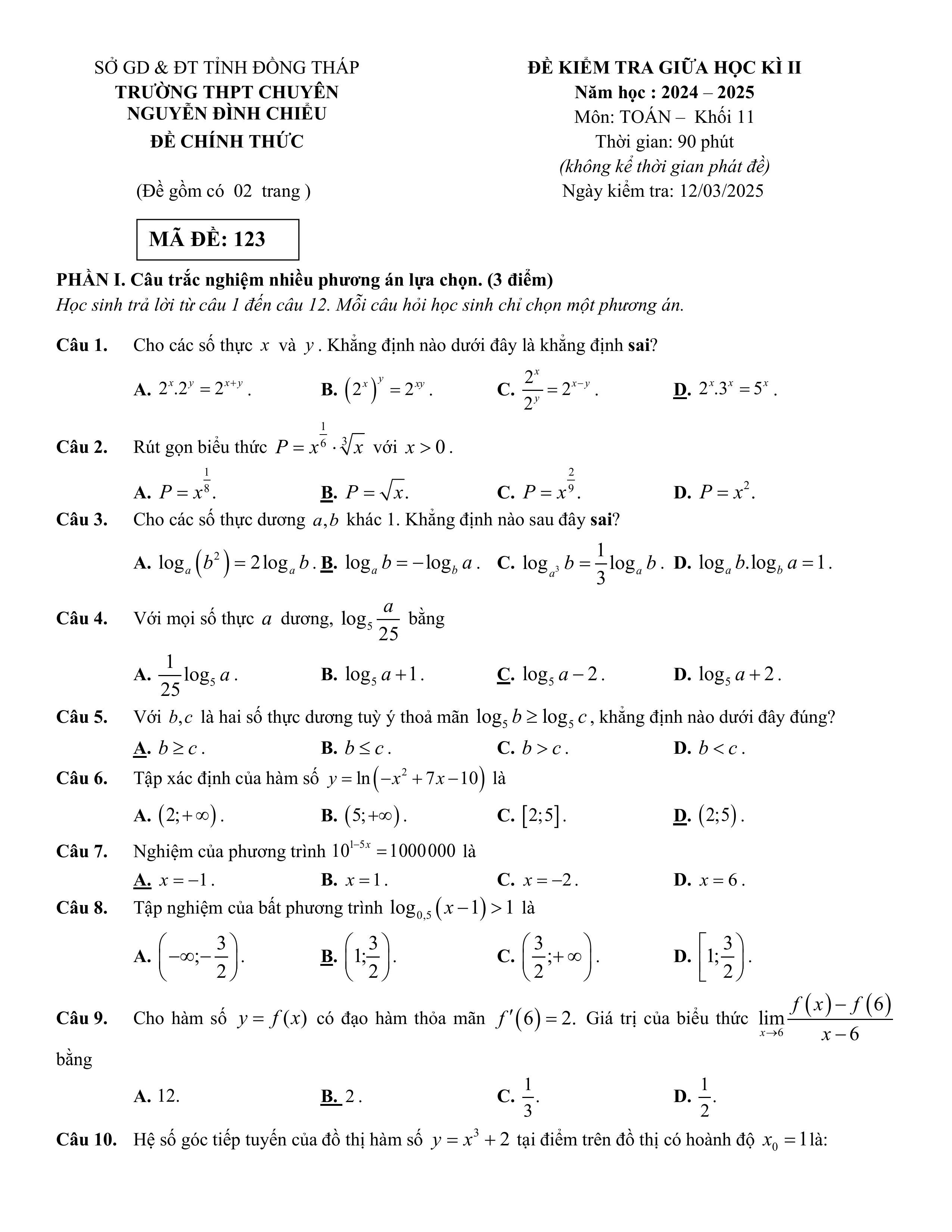 Đề thi Giữa kì 2 Toán 11 trường THPT chuyên Nguyễn Đình Chiểu  (Đồng Tháp) năm 2024–2025