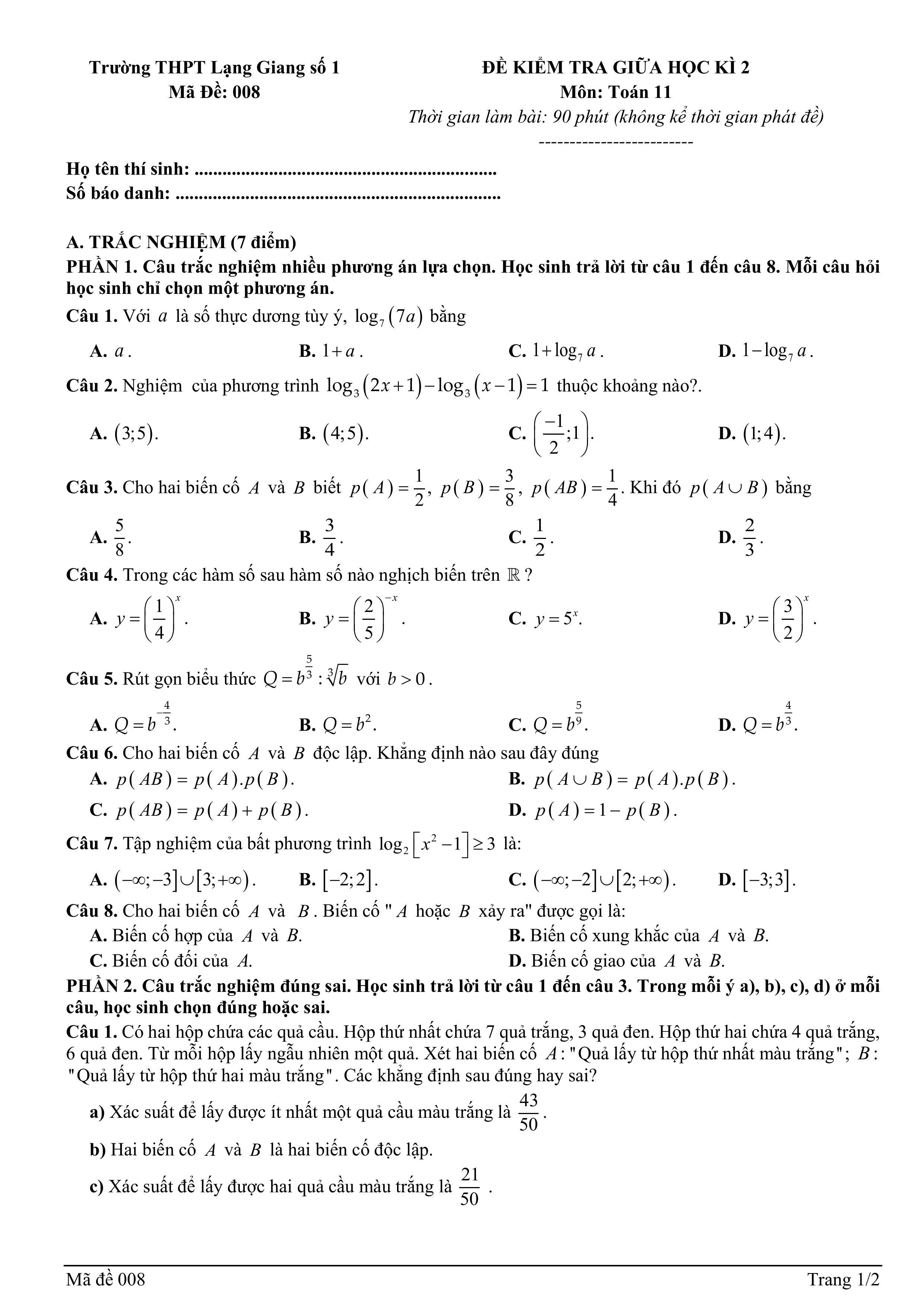Đề thi Giữa kì 2 Toán 11 trường THPT Lạng Giang 1 (Bắc Giang) năm 2024–2025