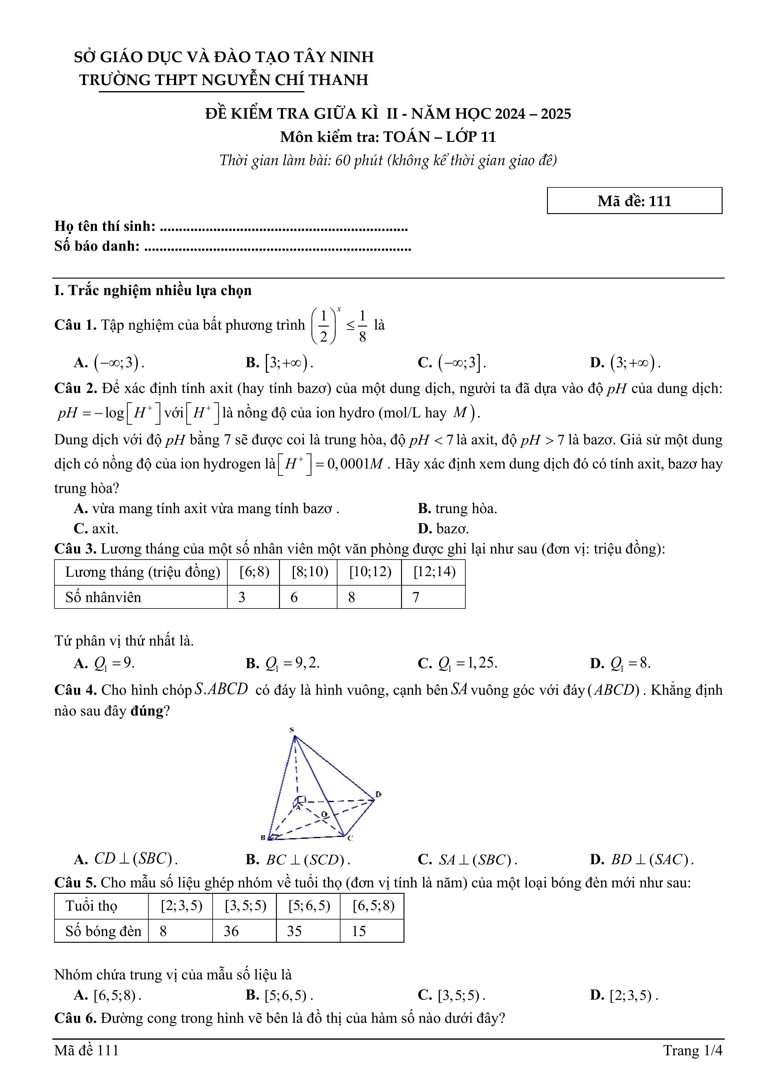 Đề thi Giữa kì 2 Toán 11 trường THPT Nguyễn Chí Thanh (Tây Ninh) năm 2024–2025