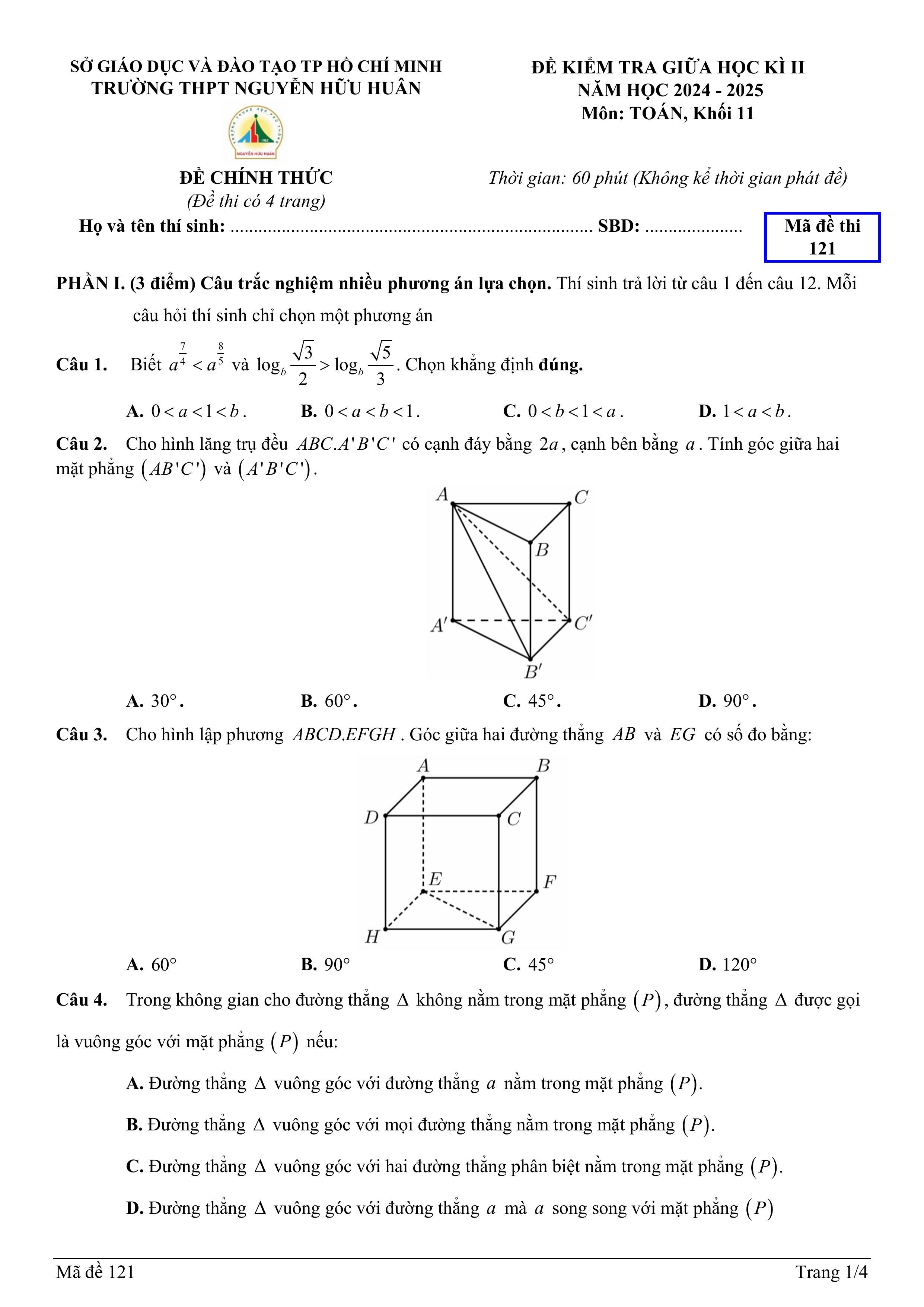 Đề thi Giữa kì 2 Toán 11 trường THPT Nguyễn Hữu Huân (Hồ Chí Minh) năm 2024–2025