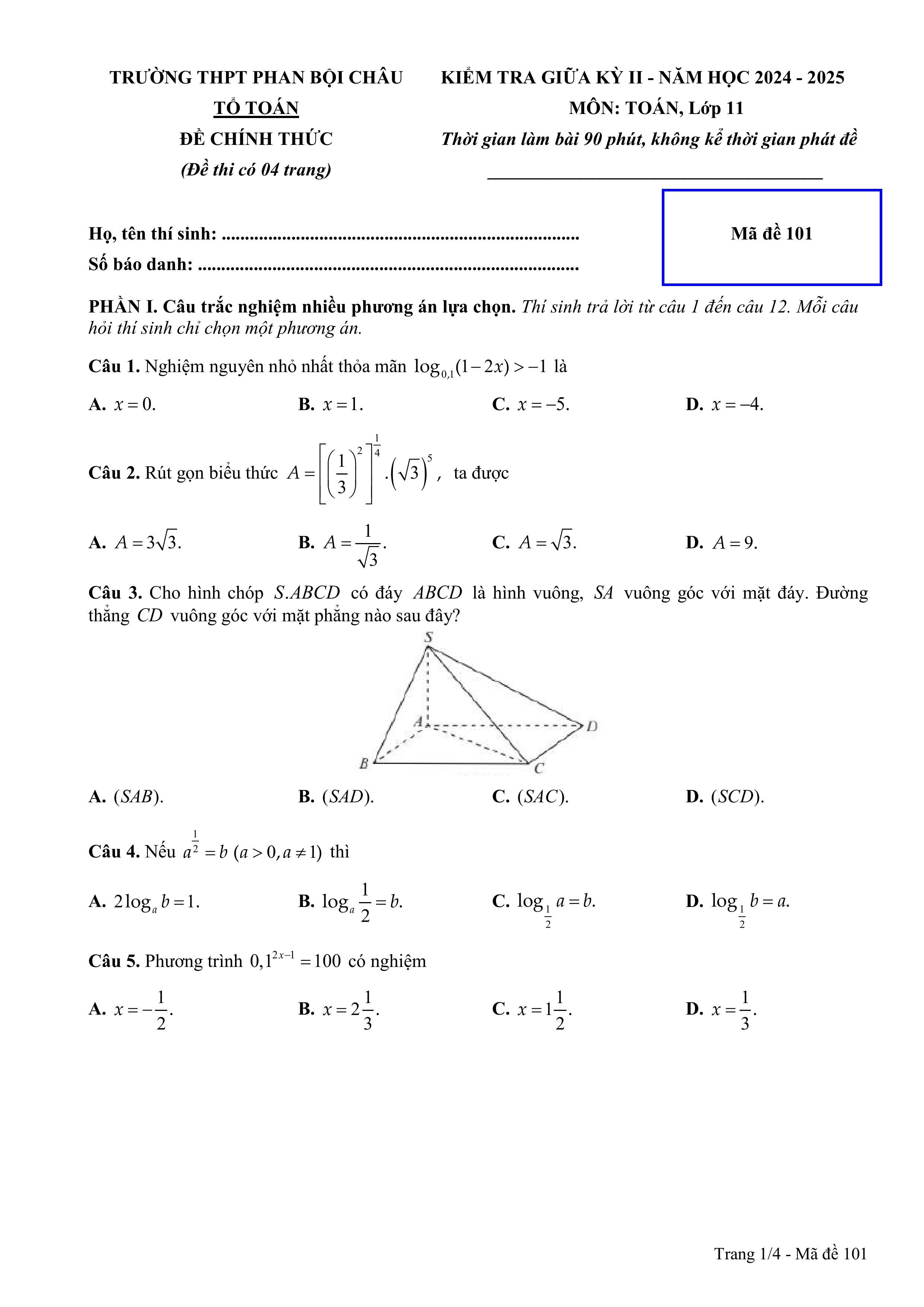 Đề thi Giữa kì 2 Toán 11 trường THPT Phan Bội Châu (Bình Thuận) năm 2024–2025