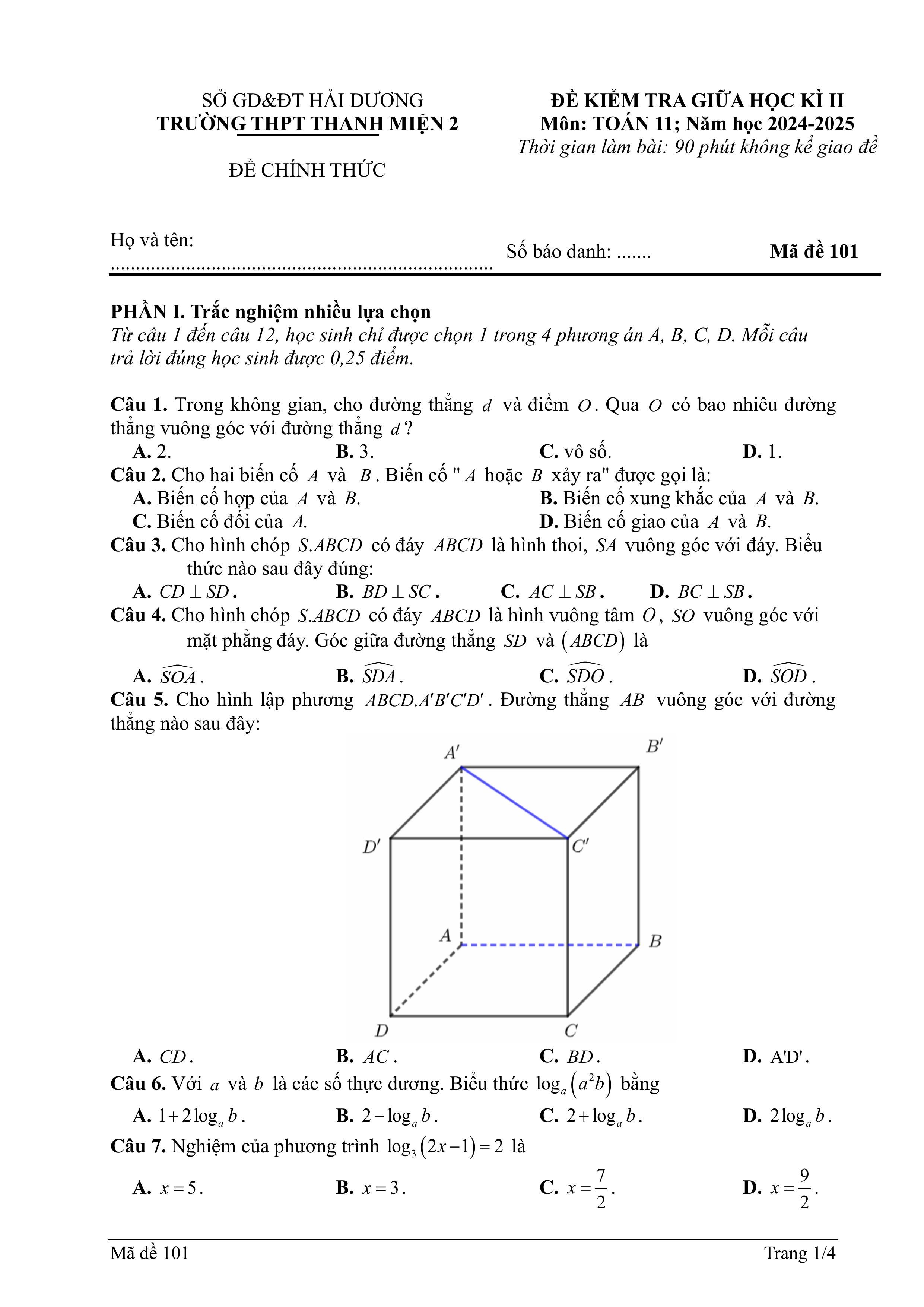 Đề thi Giữa kì 2 Toán 11 trường THPT Thanh Miện 2 (Hải Dương) năm 2024–2025