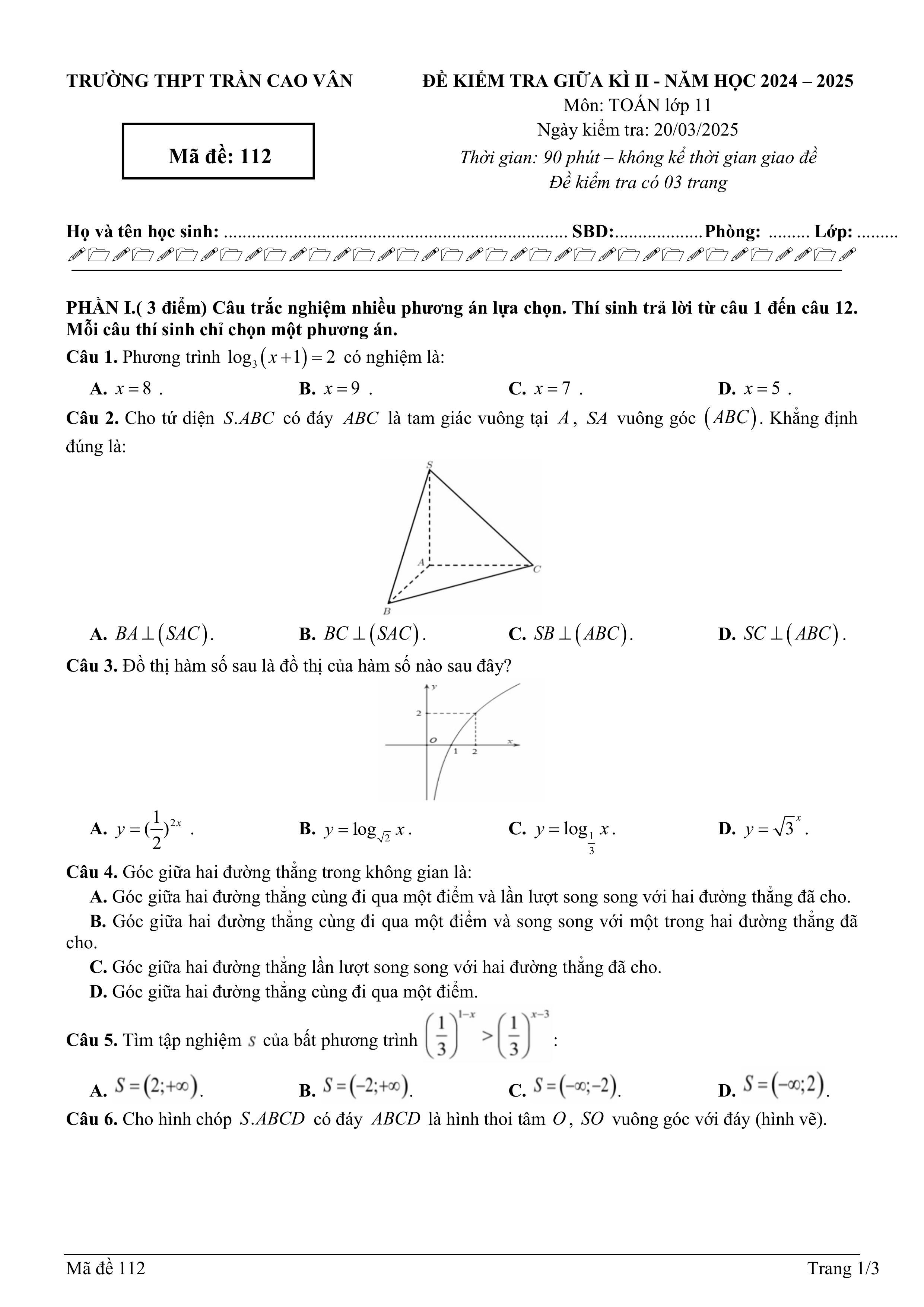Đề thi Giữa kì 2 Toán 11 trường THPT Trần Cao Vân (Khánh Hòa) năm 2024–2025