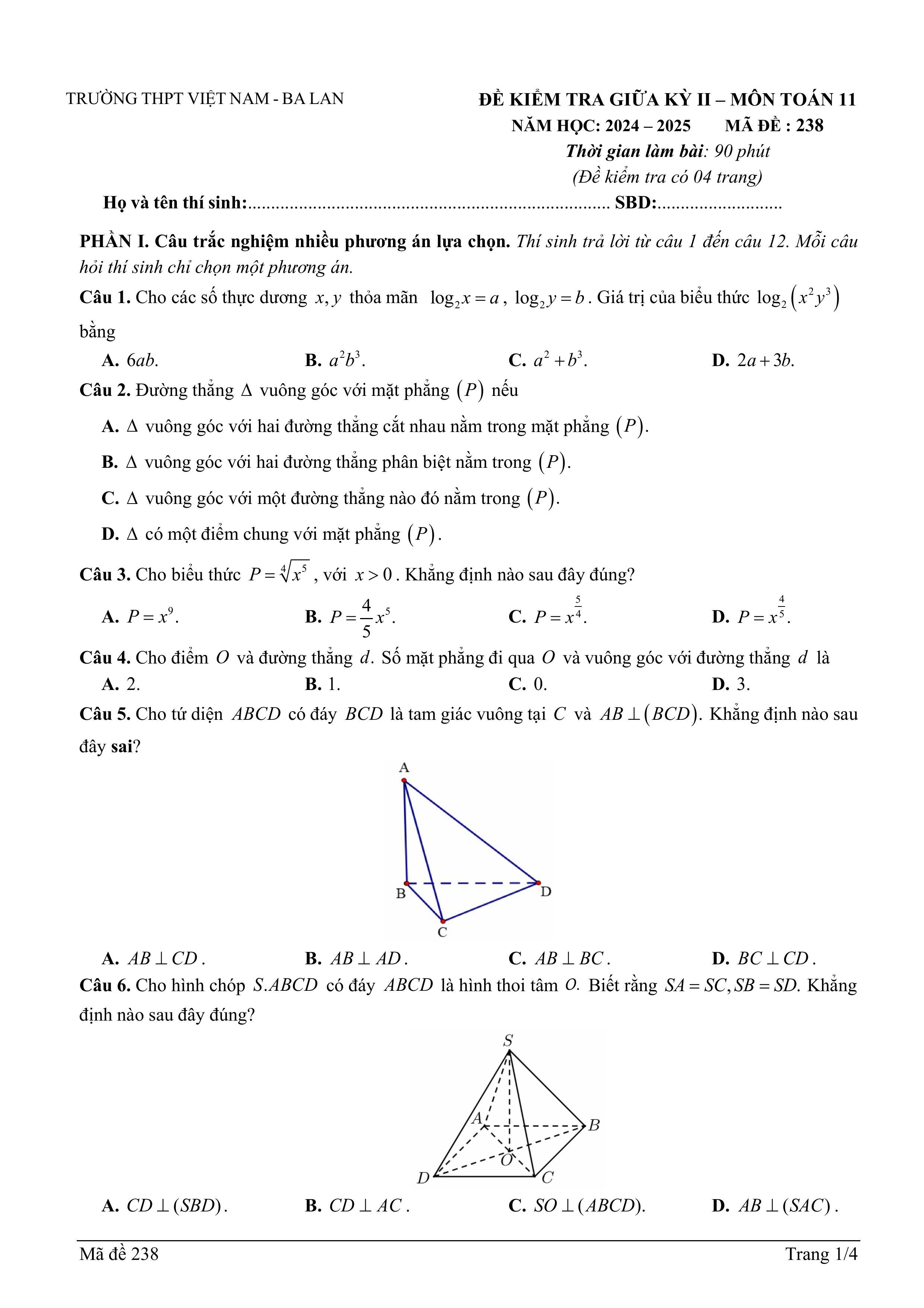Đề thi Giữa kì 2 Toán 11 trường THPT Việt Nam - Ba Lan (Hà Nội) năm 2024–2025