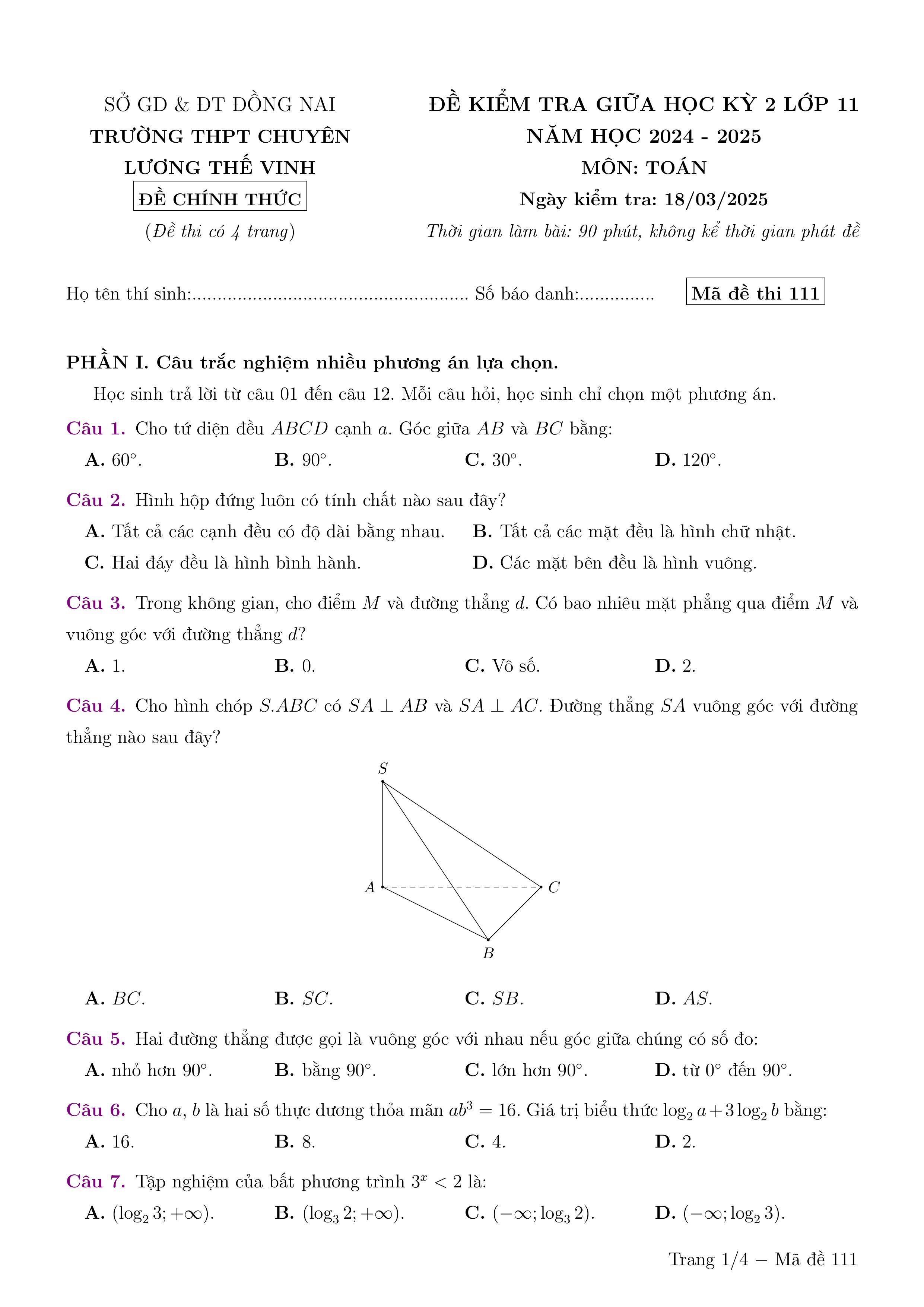 Đề thi Giữa kì 2 Toán 11 trường THPT chuyên Lương Thế Vinh (Đồng Nai) năm 2024–2025