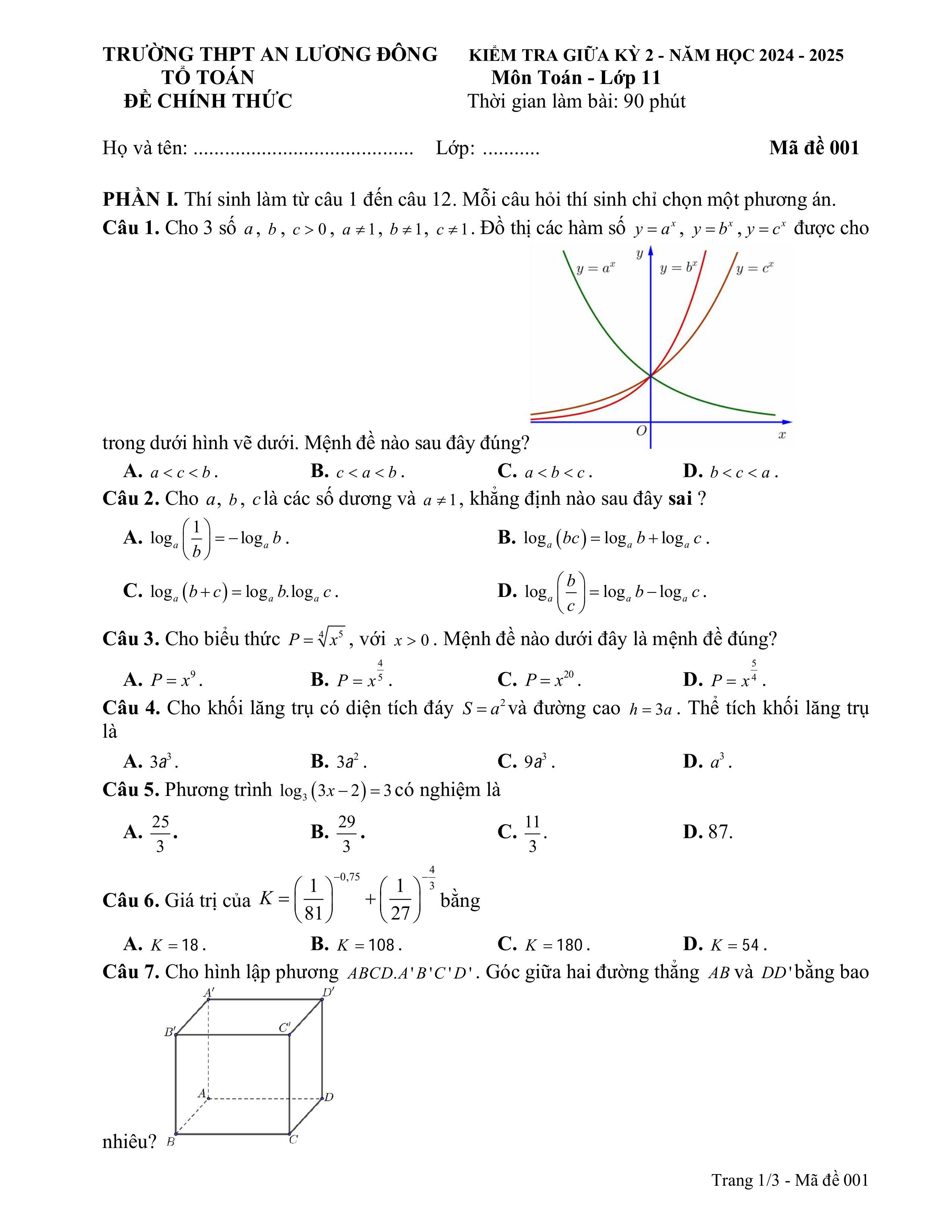 Đề thi Giữa kì 2 Toán 11 trường THPT An Lương Đông (Huế) năm 2024–2025