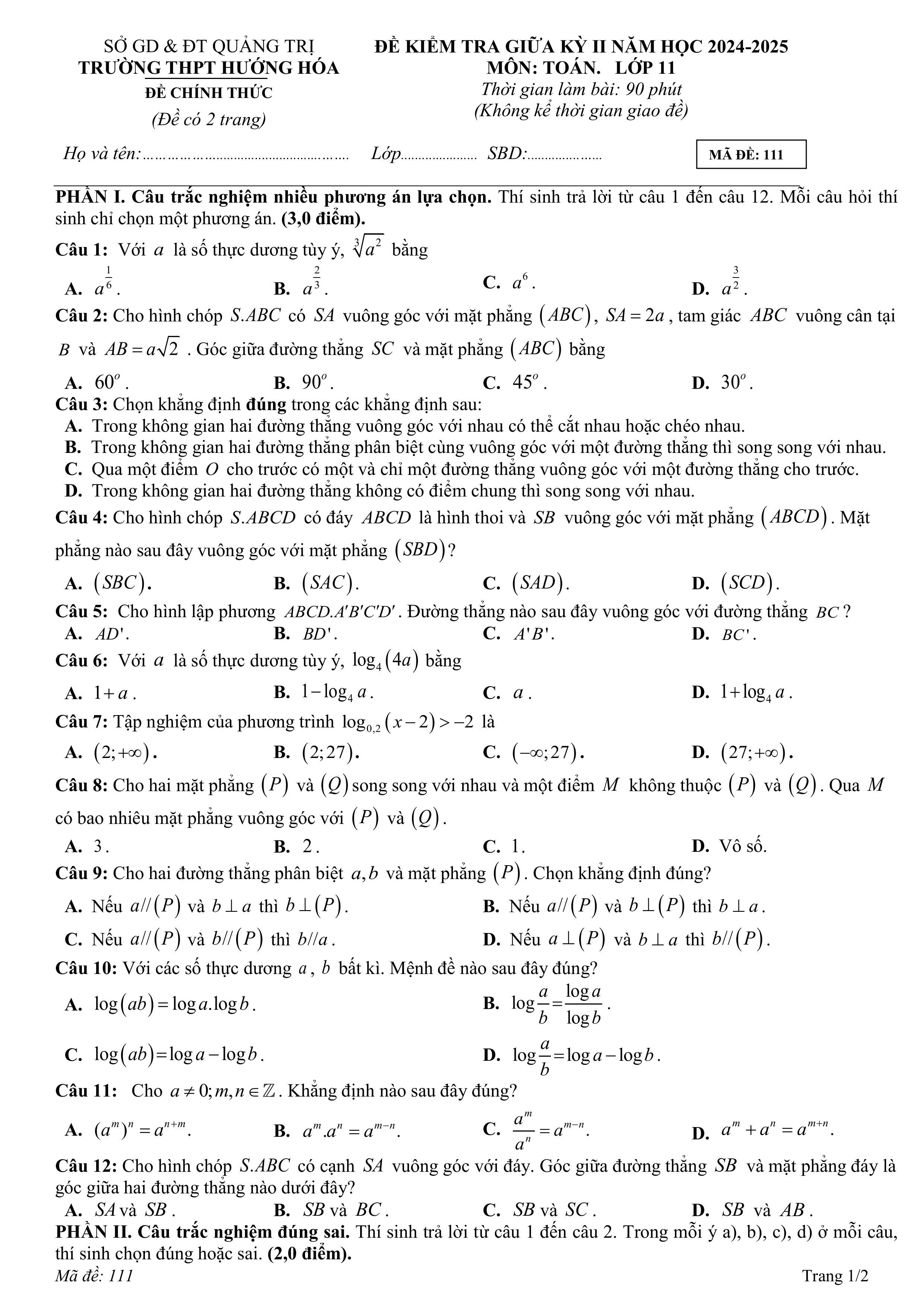 Đề thi Giữa kì 2 Toán 11 trường THPT Hướng Hóa (Quảng Trị) năm 2024–2025