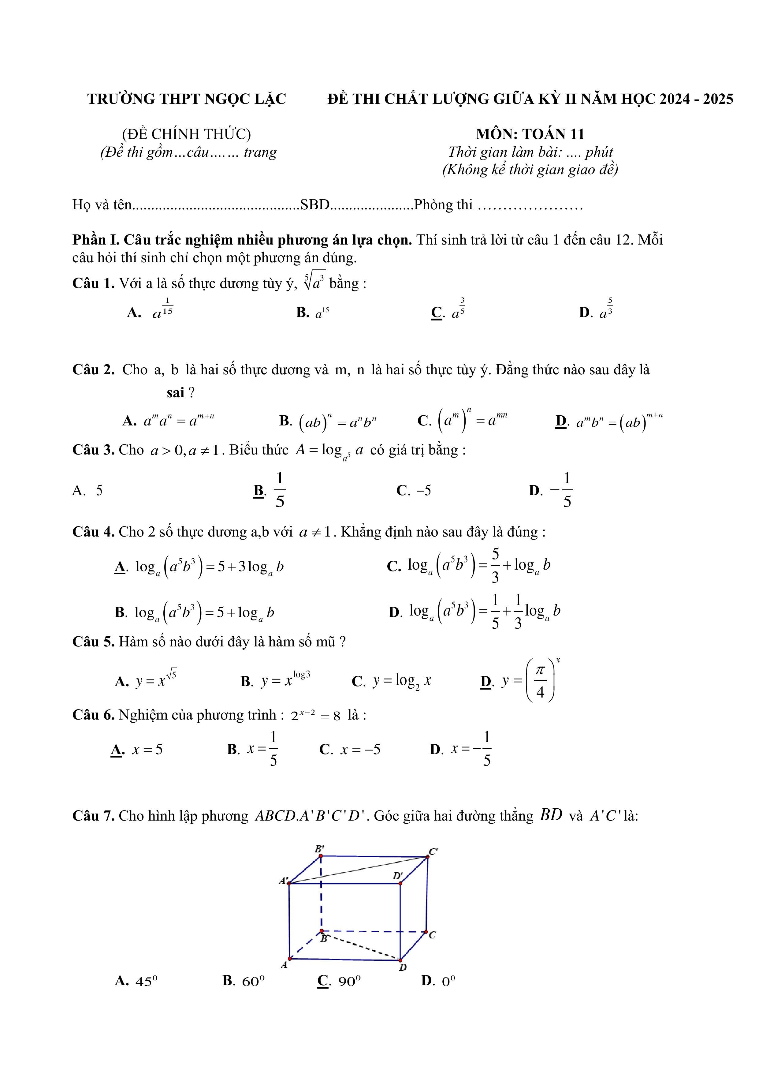Đề thi Giữa kì 2 Toán 11 trường THPT Ngọc Lặc (Thanh Hóa) năm 2024–2025