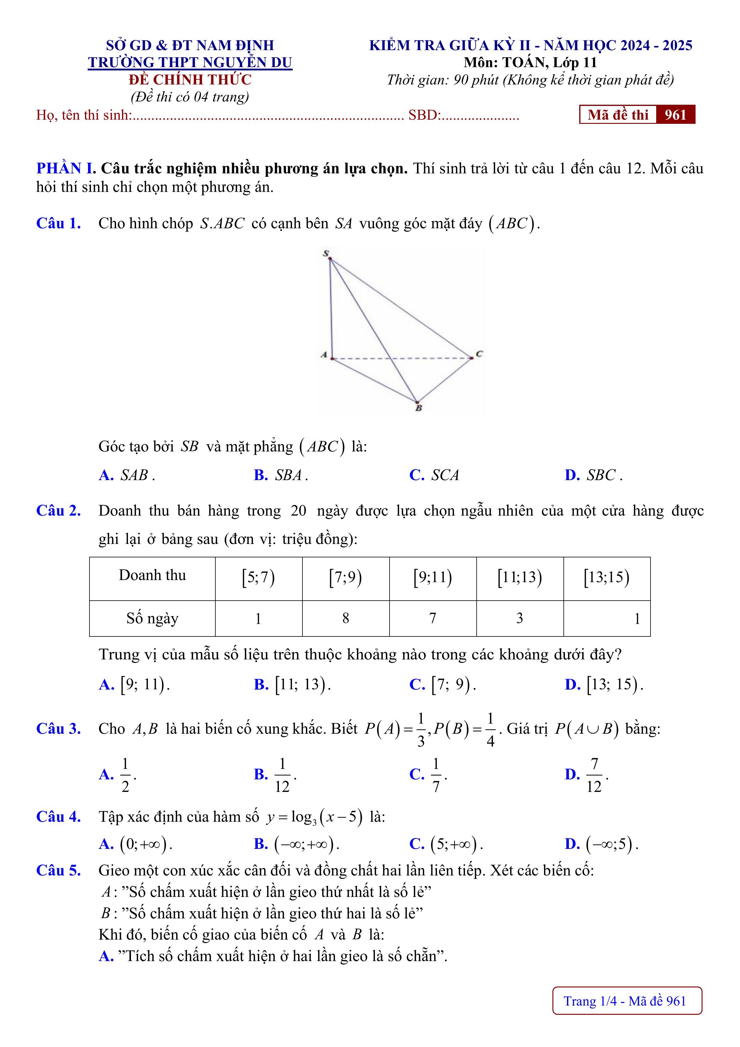 Đề thi Giữa kì 2 Toán 11 trường THPT Nguyễn Du (Nam Định) năm 2024–2025