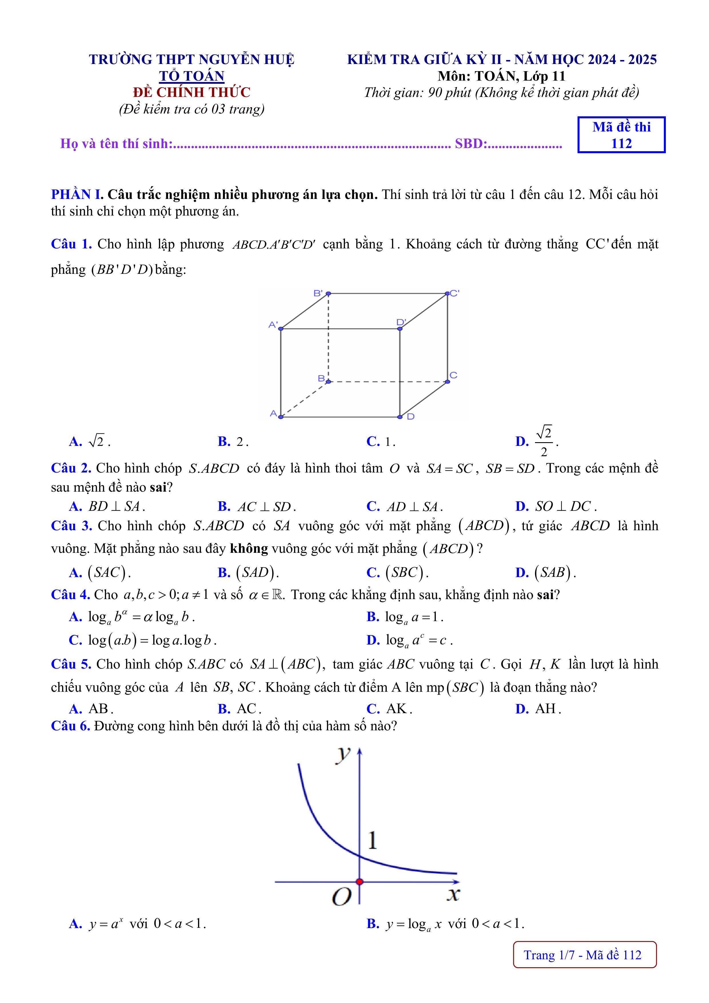 Đề thi Giữa kì 2 Toán 11 trường THPT Nguyễn Huệ (Huế) năm 2024–2025