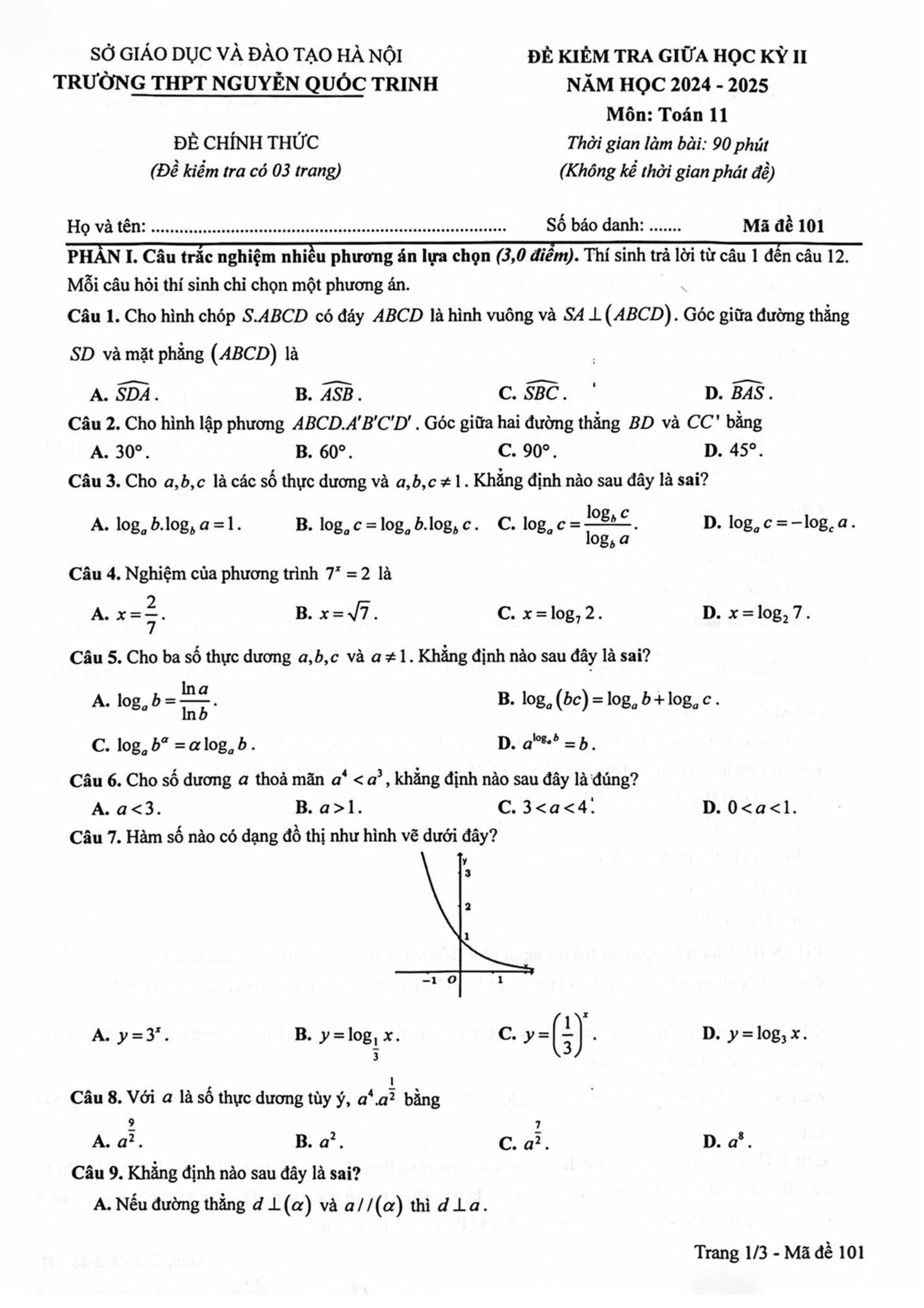 Đề thi Giữa kì 2 Toán 11 trường THPT Nguyễn Quốc Trinh (Hà Nội) năm 2024–2025