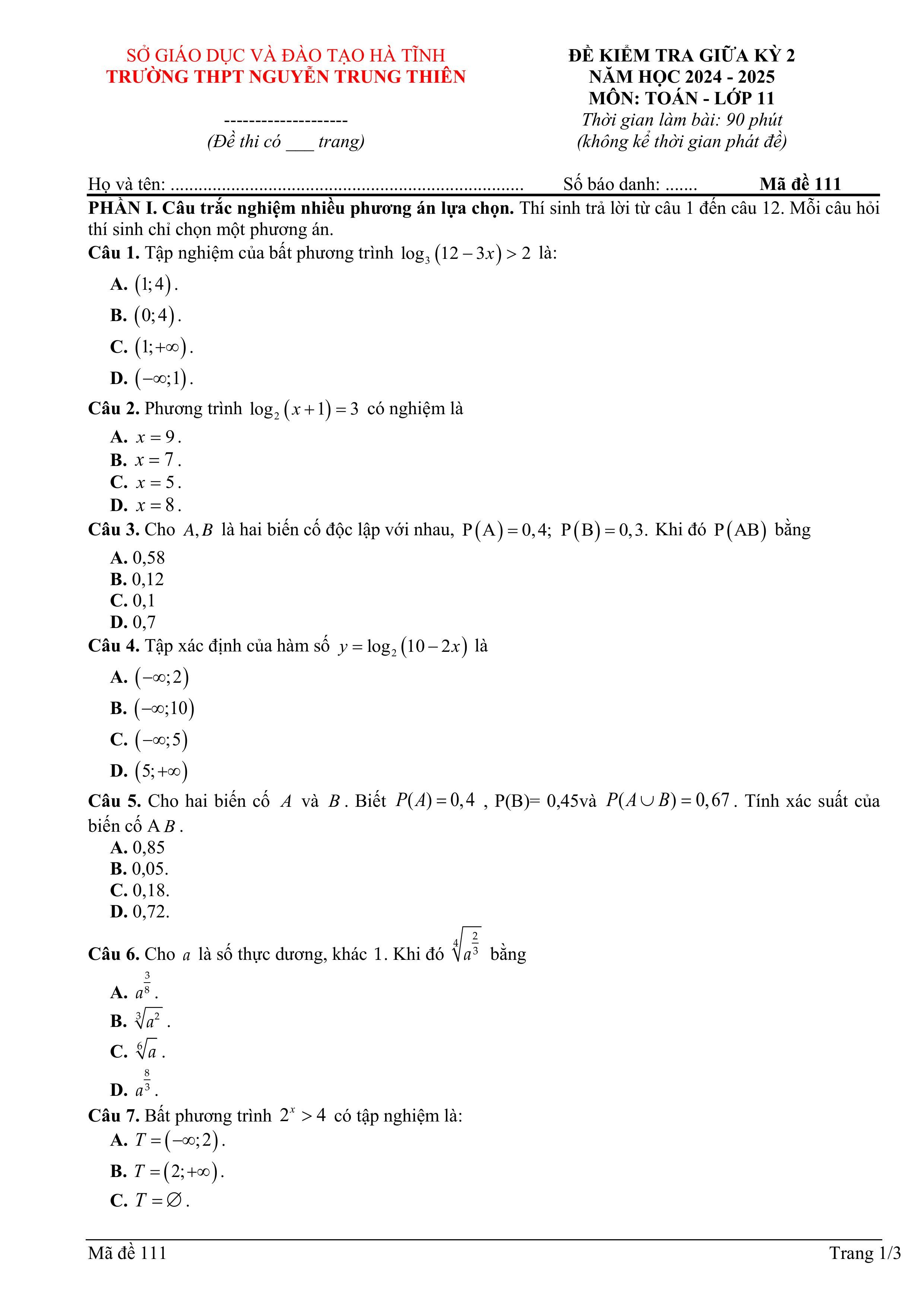 Đề thi Giữa kì 2 Toán 11 trường THPT Nguyễn Trung Thiên (Hà Tĩnh) năm 2024–2025