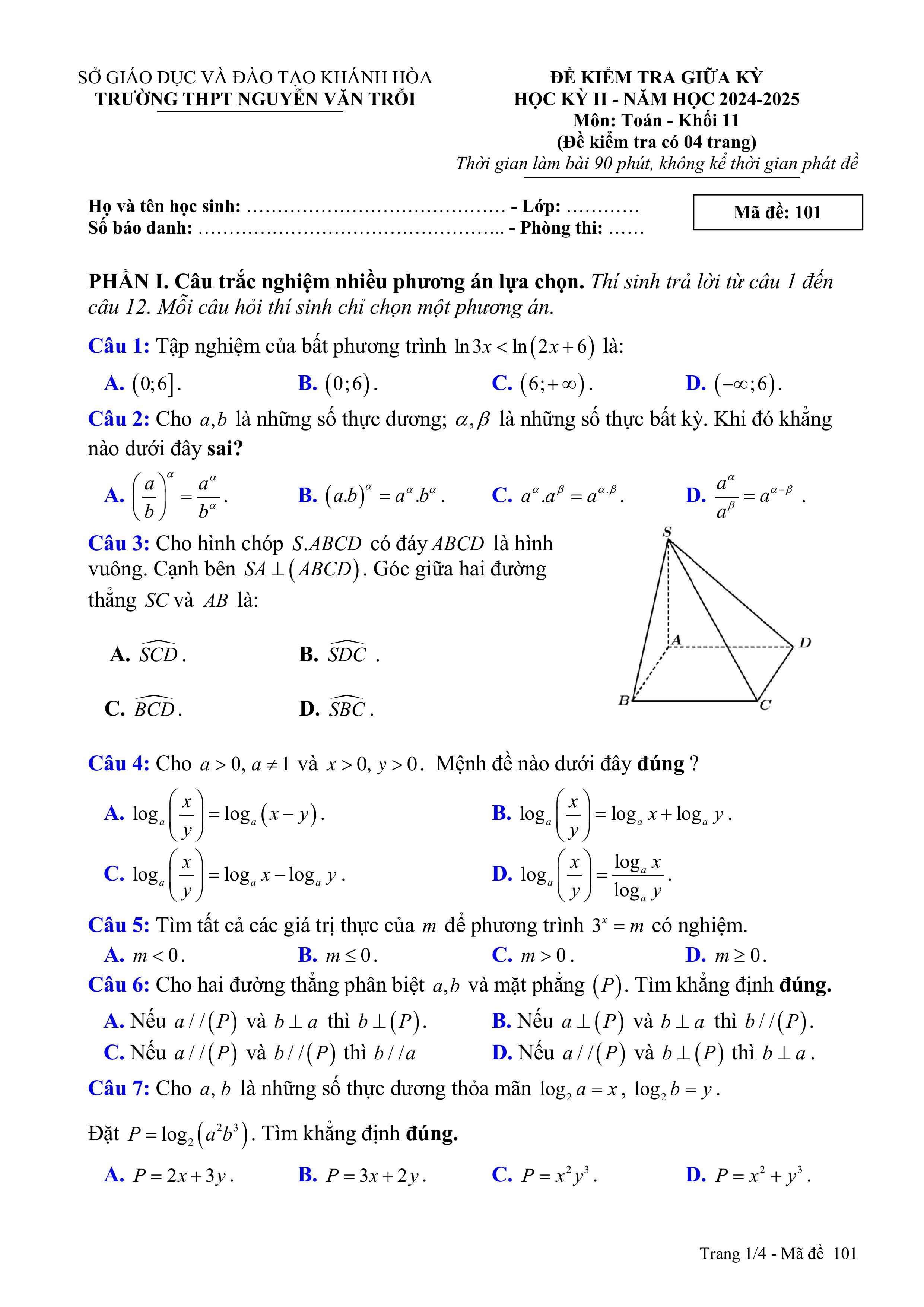 Đề thi Giữa kì 2 Toán 11 trường THPT Nguyễn Văn Trỗi (Khánh Hòa) năm 2024–2025