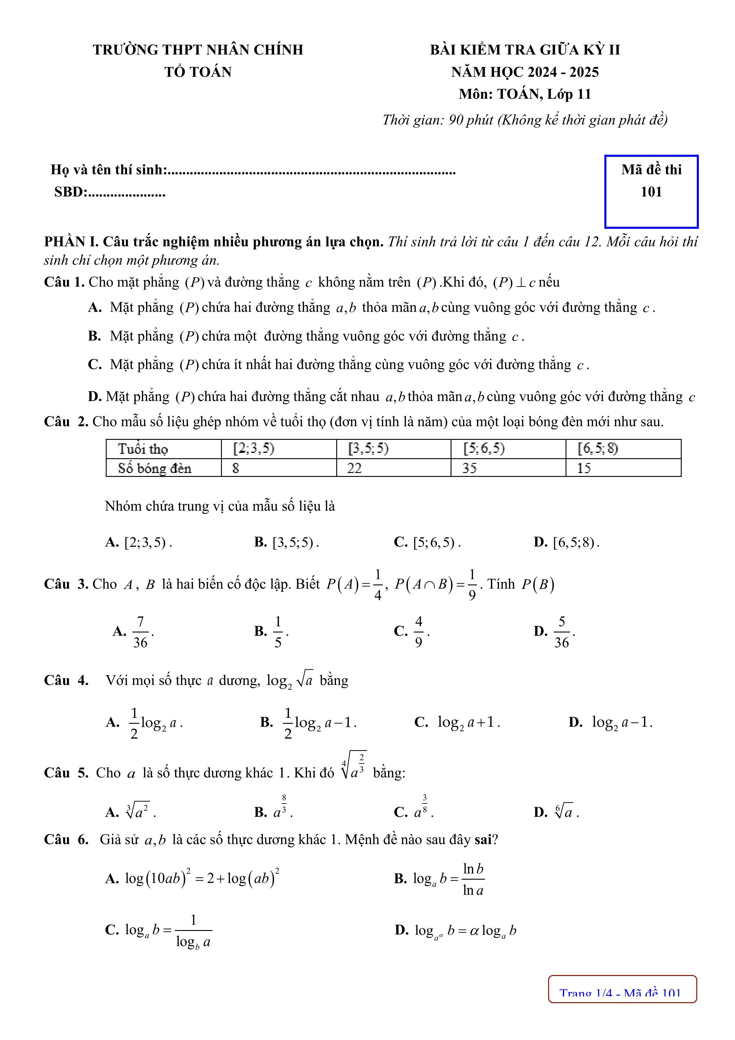 Đề thi Giữa kì 2 Toán 11 trường THPT Nhân Chính (Hà Nội) năm 2024–2025