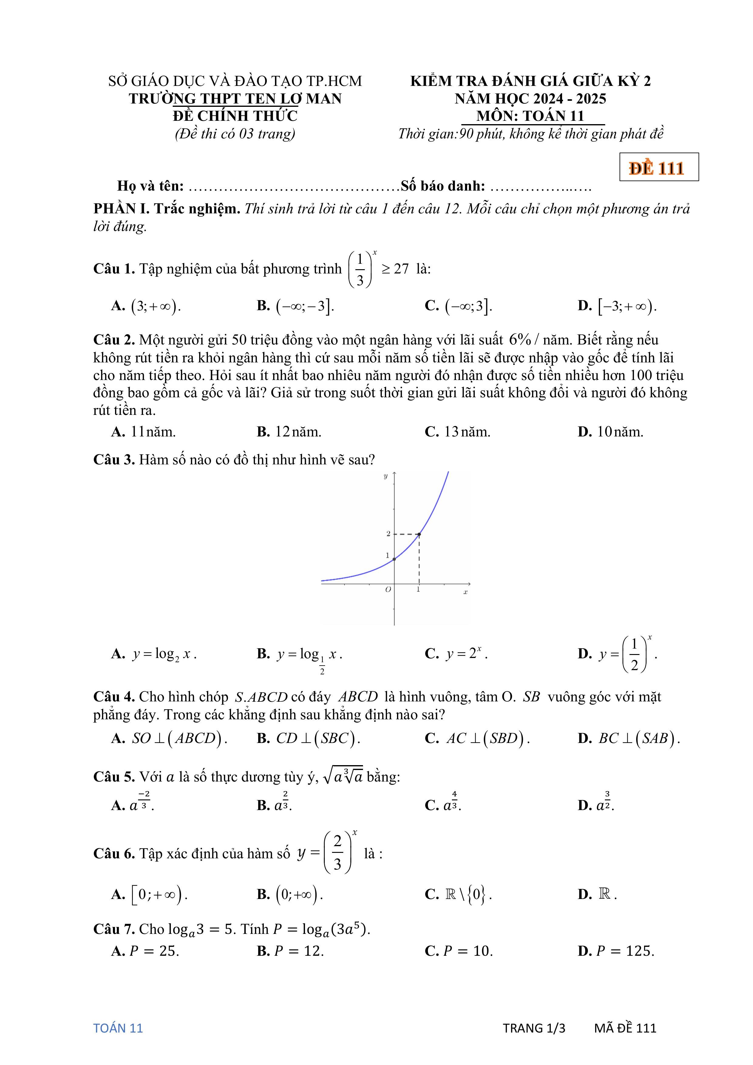 Đề thi Giữa kì 2 Toán 11 trường THPT Ten Lơ Man (Hồ Chí Minh) năm 2024–2025